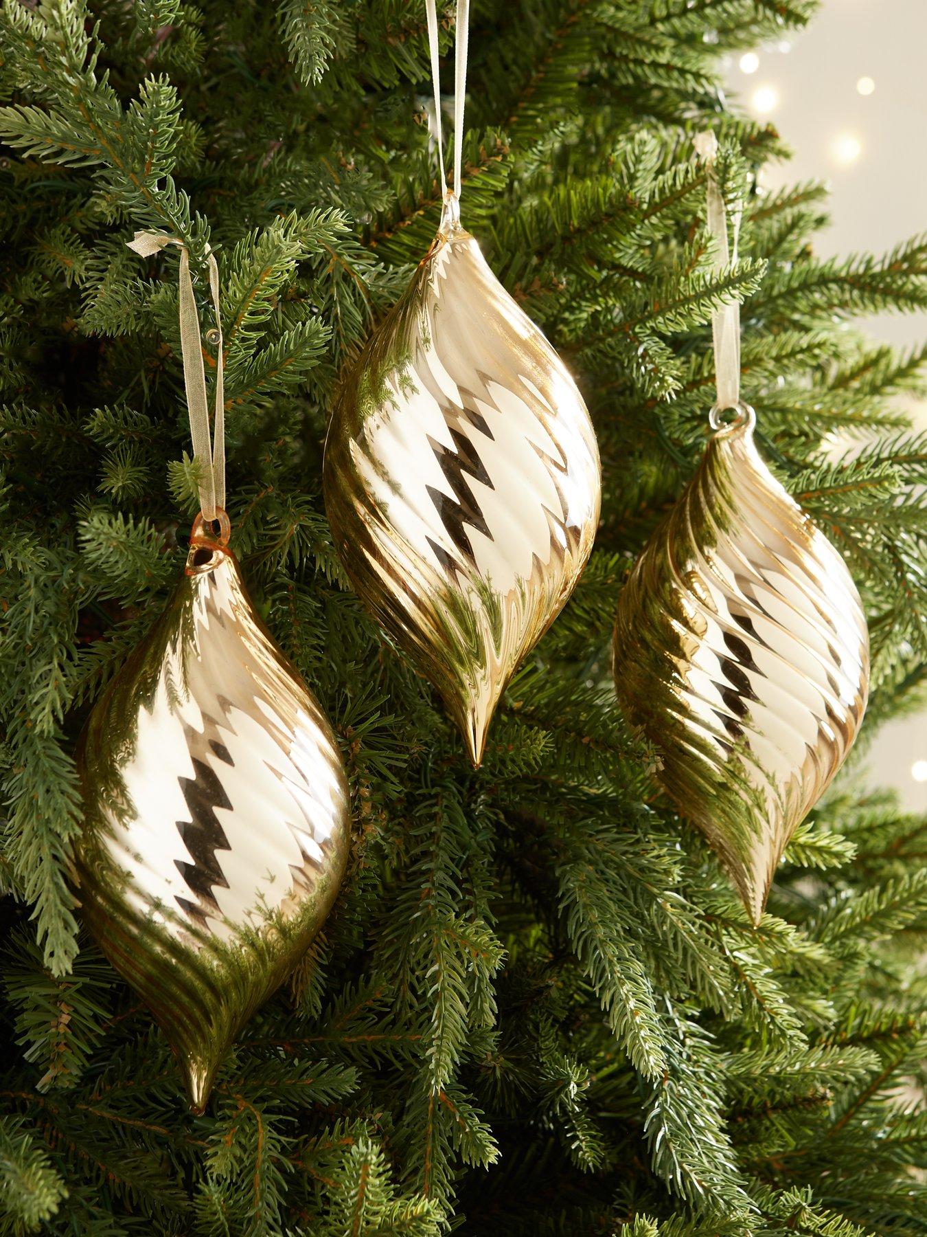undefined Set of 3 Gold Ribbed Glass Christmas Tree Baubles