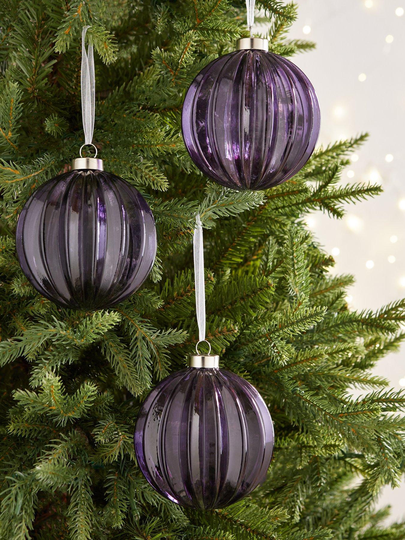 Product photograph of Very Home Set Of 3 Purple Large Ribbed Glass Christmas Tree Baubles from very.co.uk