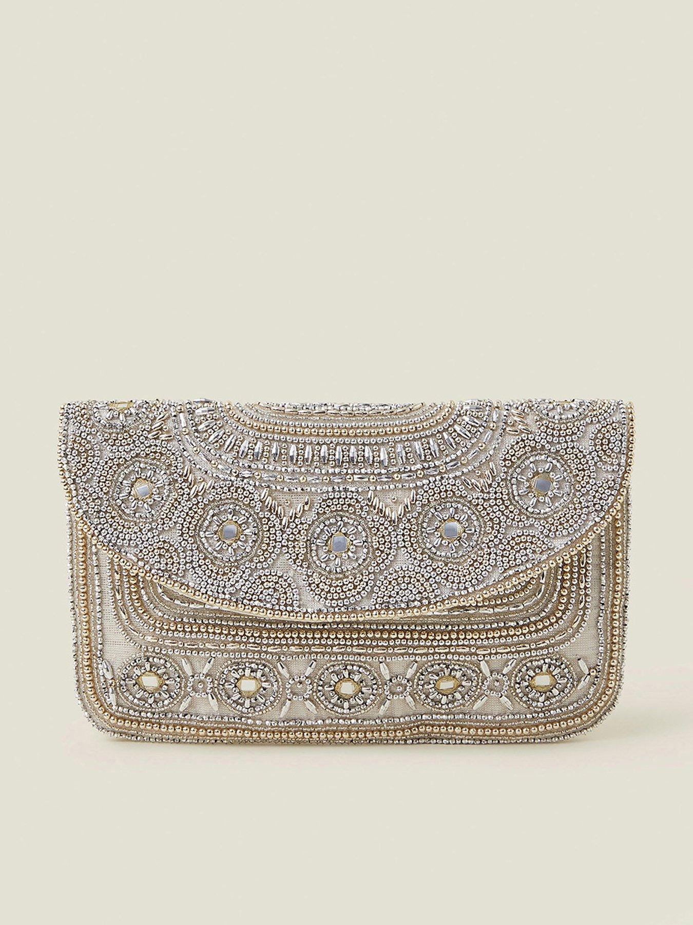 Image 1 of 4 of Accessorize Silver Beaded Flap Clutch