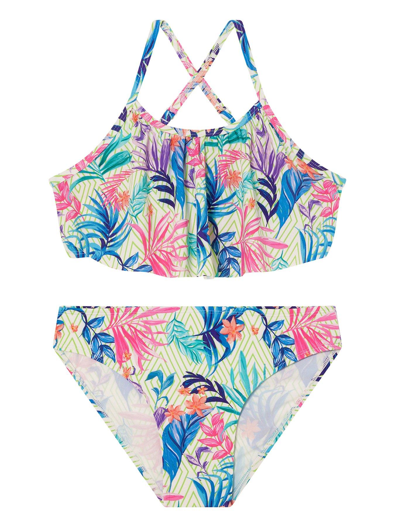 Monsoon Girls Storm Palm Frill Bikini - Ivory | Very.co.uk