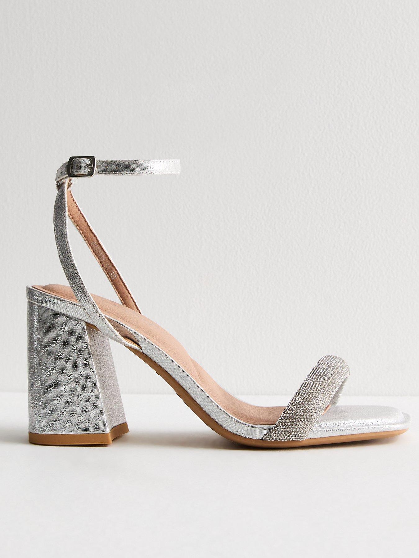 Wide Fit Silver Diamante 2 Part Block Heel Sandals