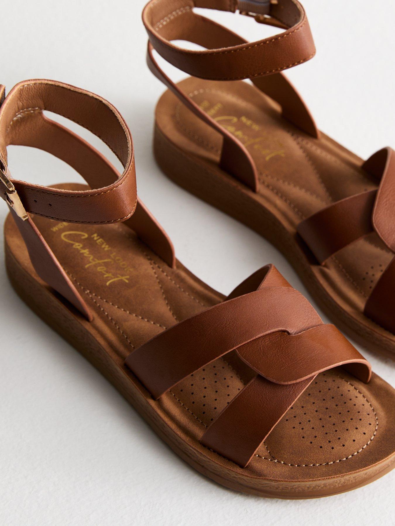 New Look Wide Fit Tan Leather look 2 Part Footbed Sandals Very