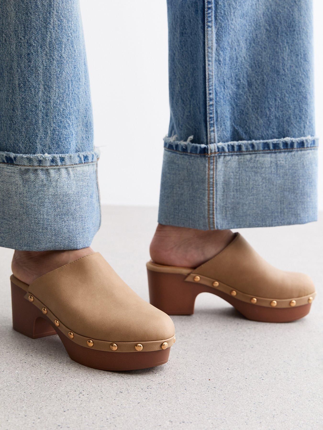 Brown leather clogs clearance