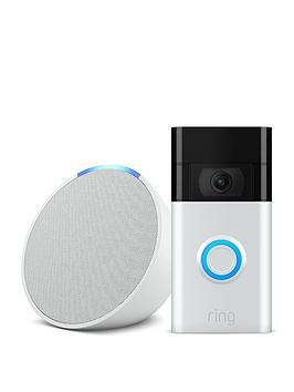 Product photograph of Ring Video Doorbell Satin Nickel Amp Echo Pop White from very.co.uk