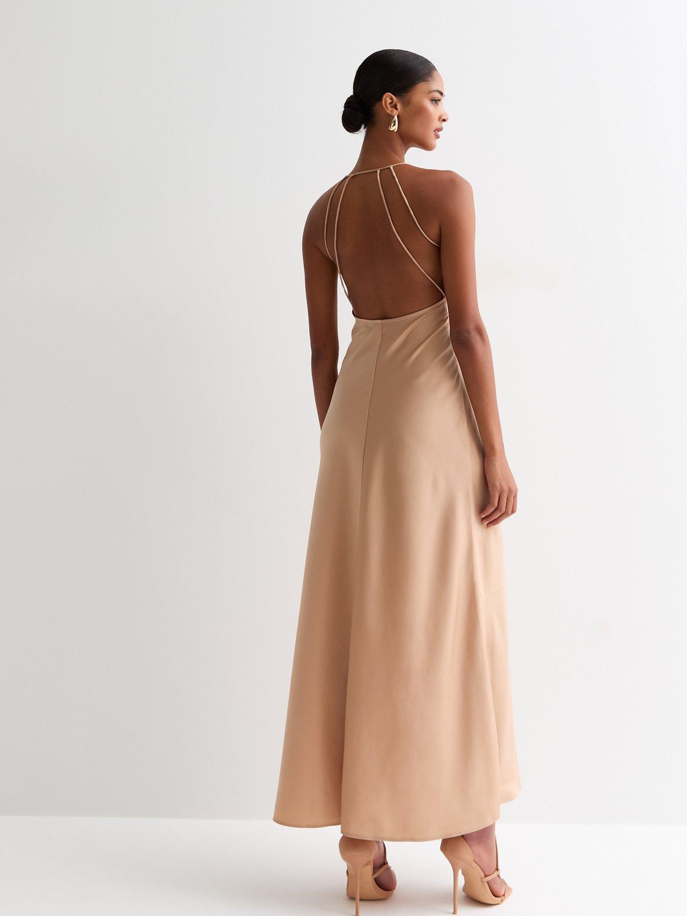 New Look Light Brown Open Strappy Back Satin Maxi Dress Very