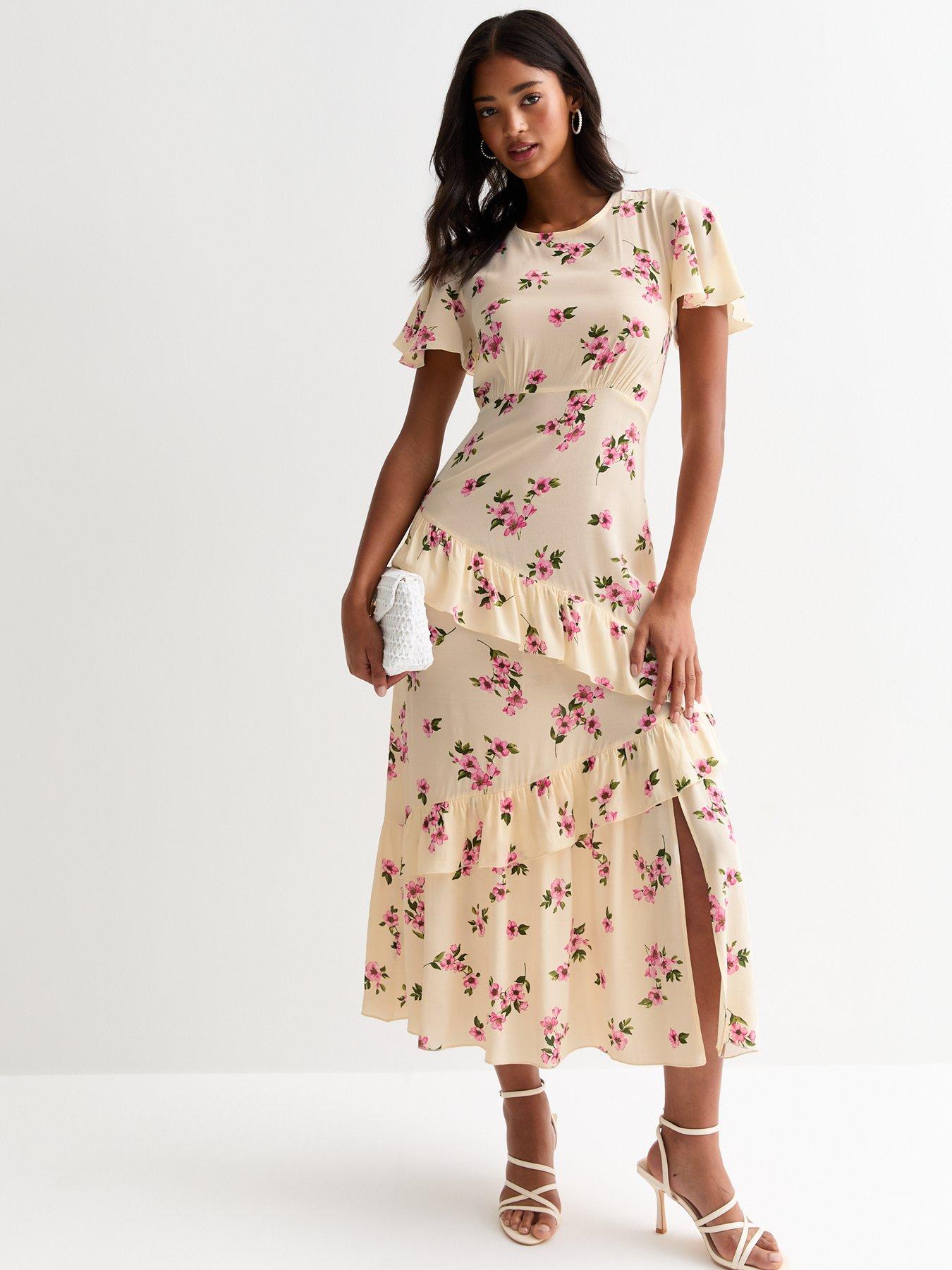 New Look Cream Floral Print Ruffle Midi, Print, Size 10, Women