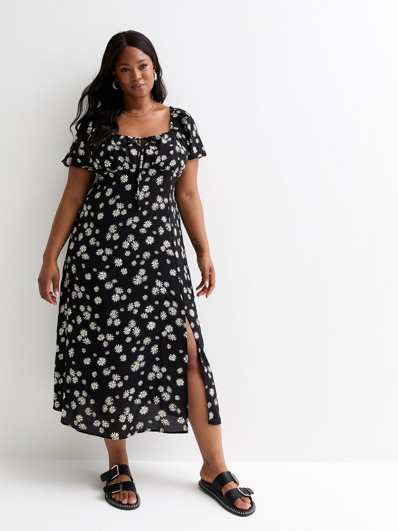 New Look Curves Black Daisy-Print Puff Sleeve Midi Dress