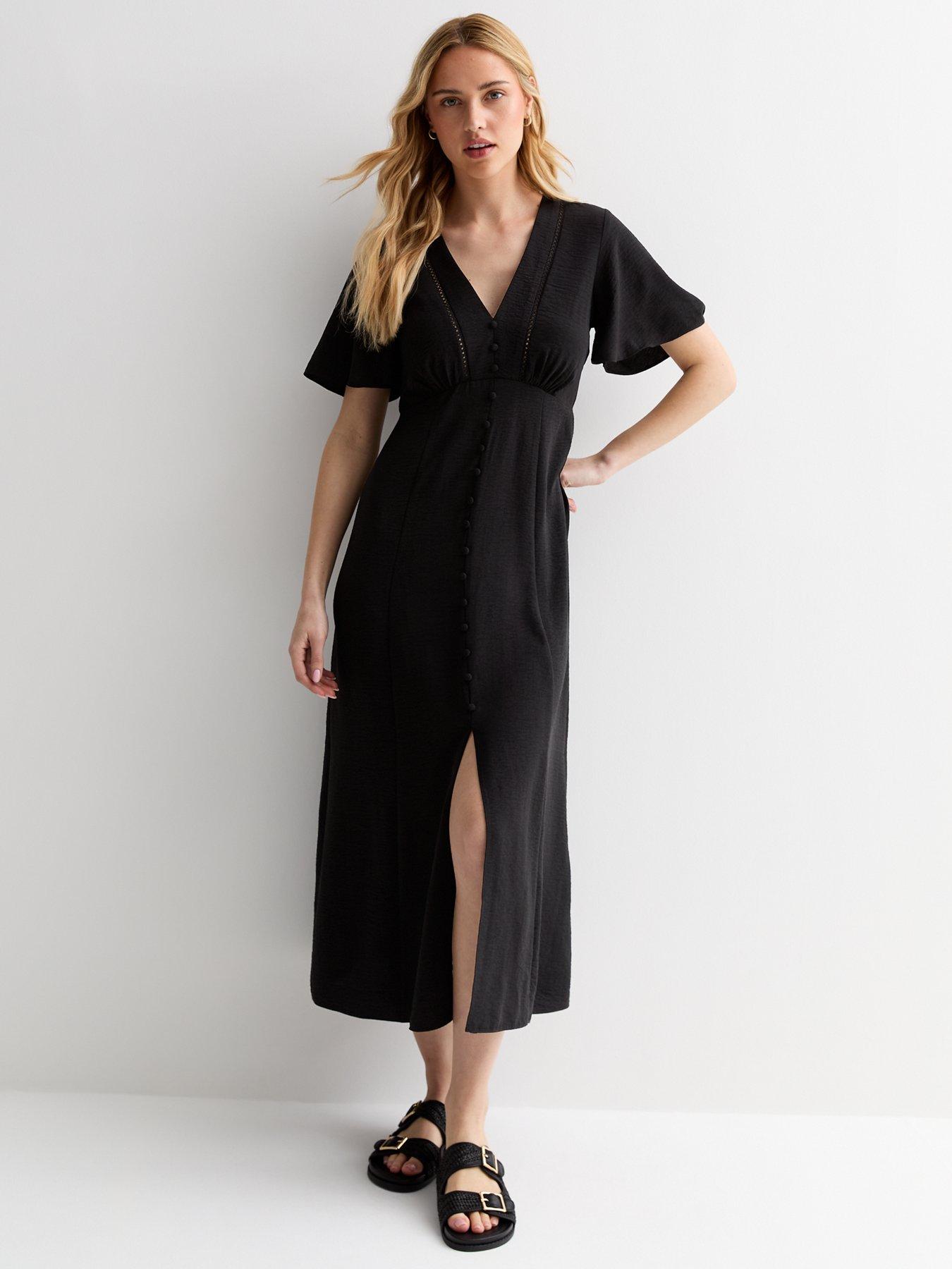 Black Flutter Sleeve Button Through Midi Dress