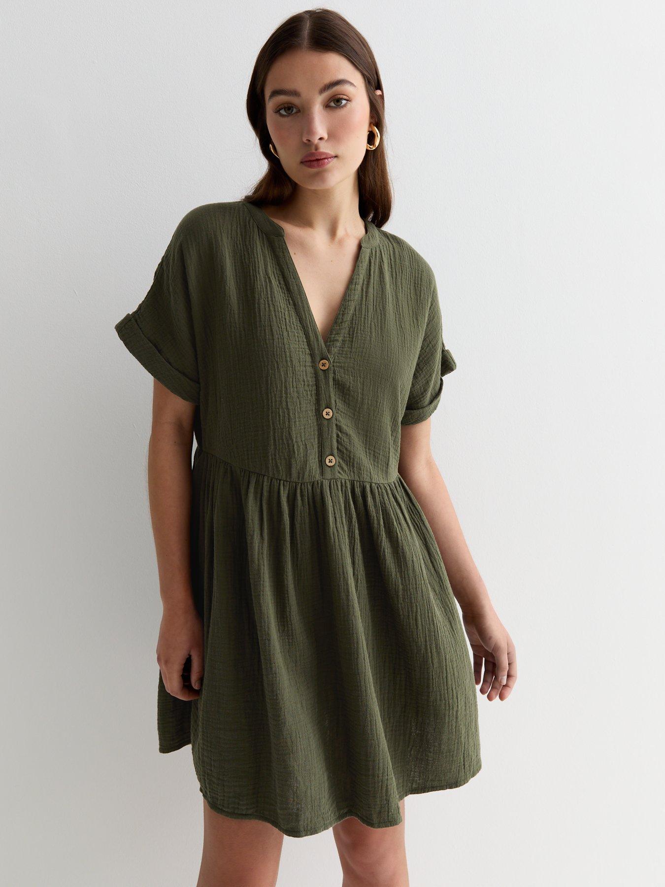 New Look Khaki Crinkle Cotton Mini Smock Dress | Very.co.uk