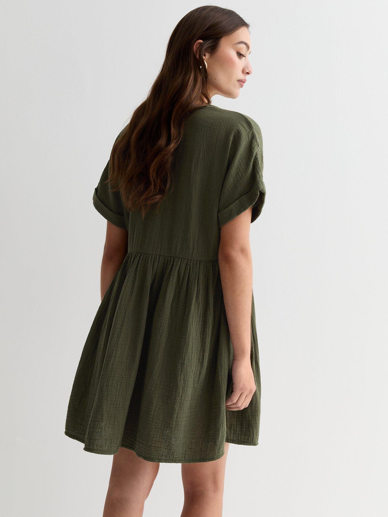 New Look Khaki Crinkle Cotton Mini Smock Dress | Very.co.uk
