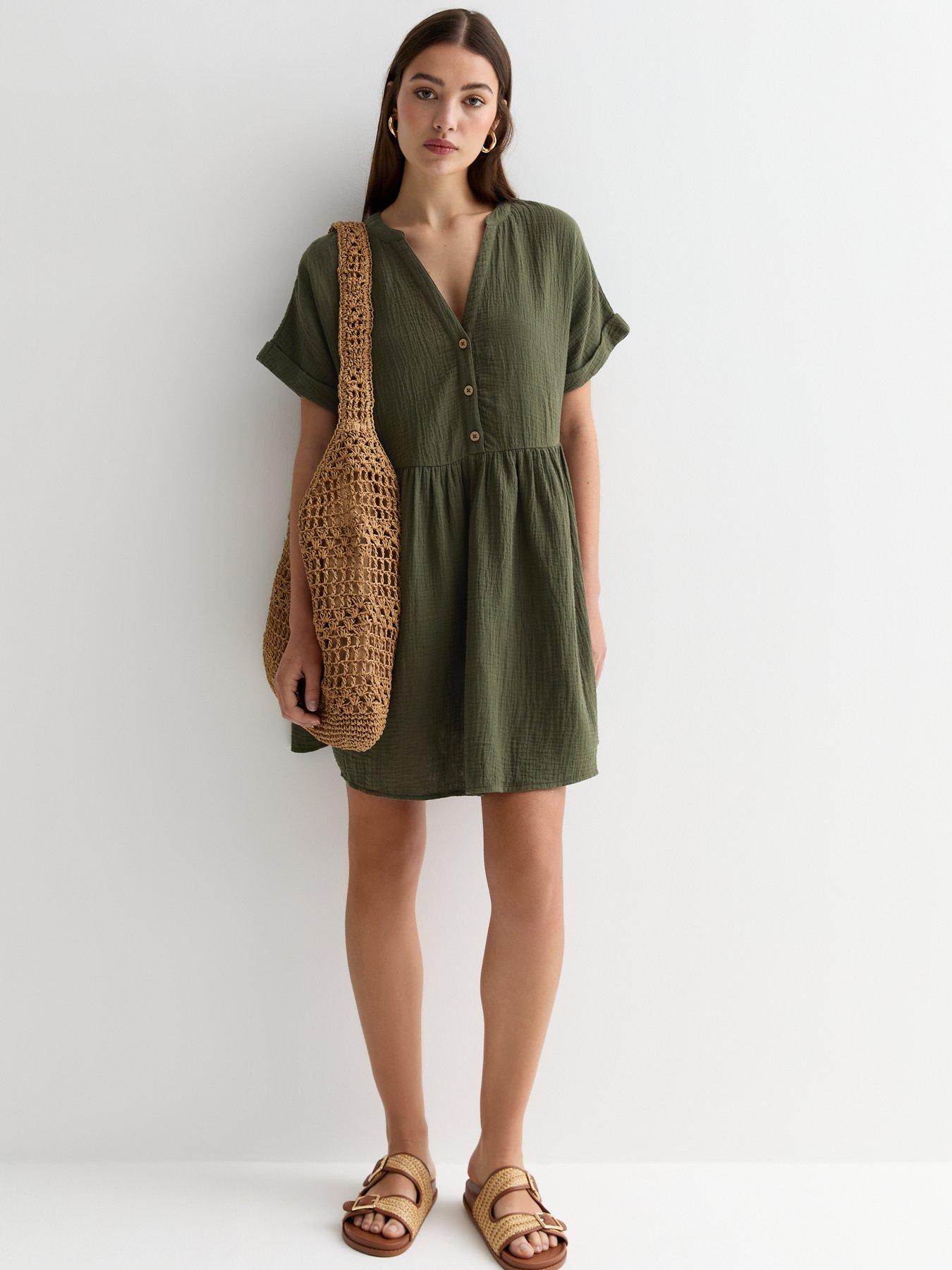 New Look Khaki Crinkle Cotton Mini Smock Dress | Very.co.uk
