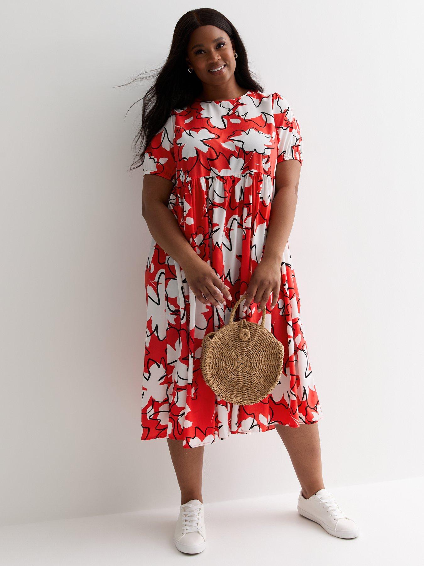 New Look Curves Red Sketch Floral Midi Dress | Very.co.uk