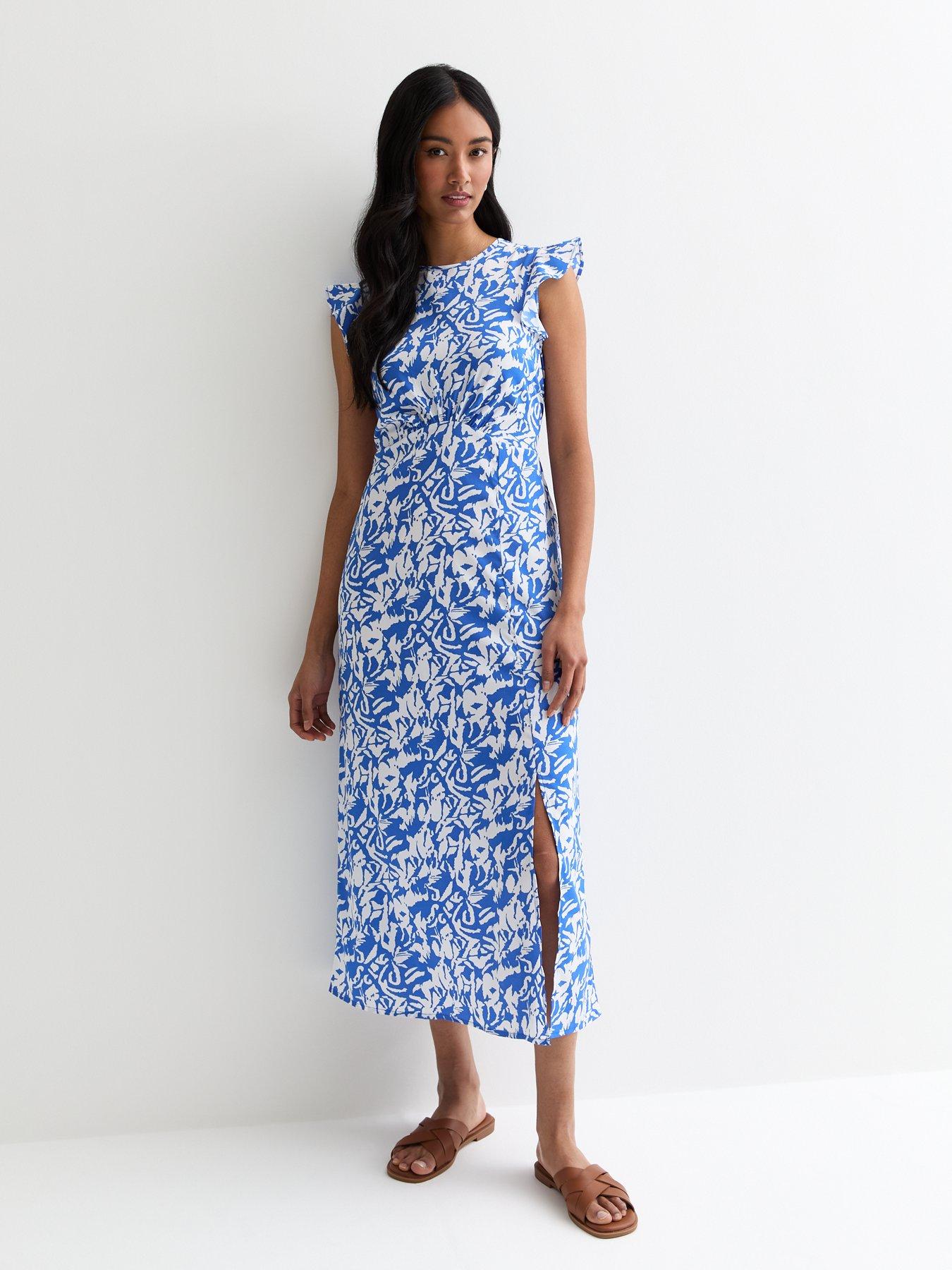 New Look Floral Frill Sleeve Midi Dress - Blue | Very.co.uk