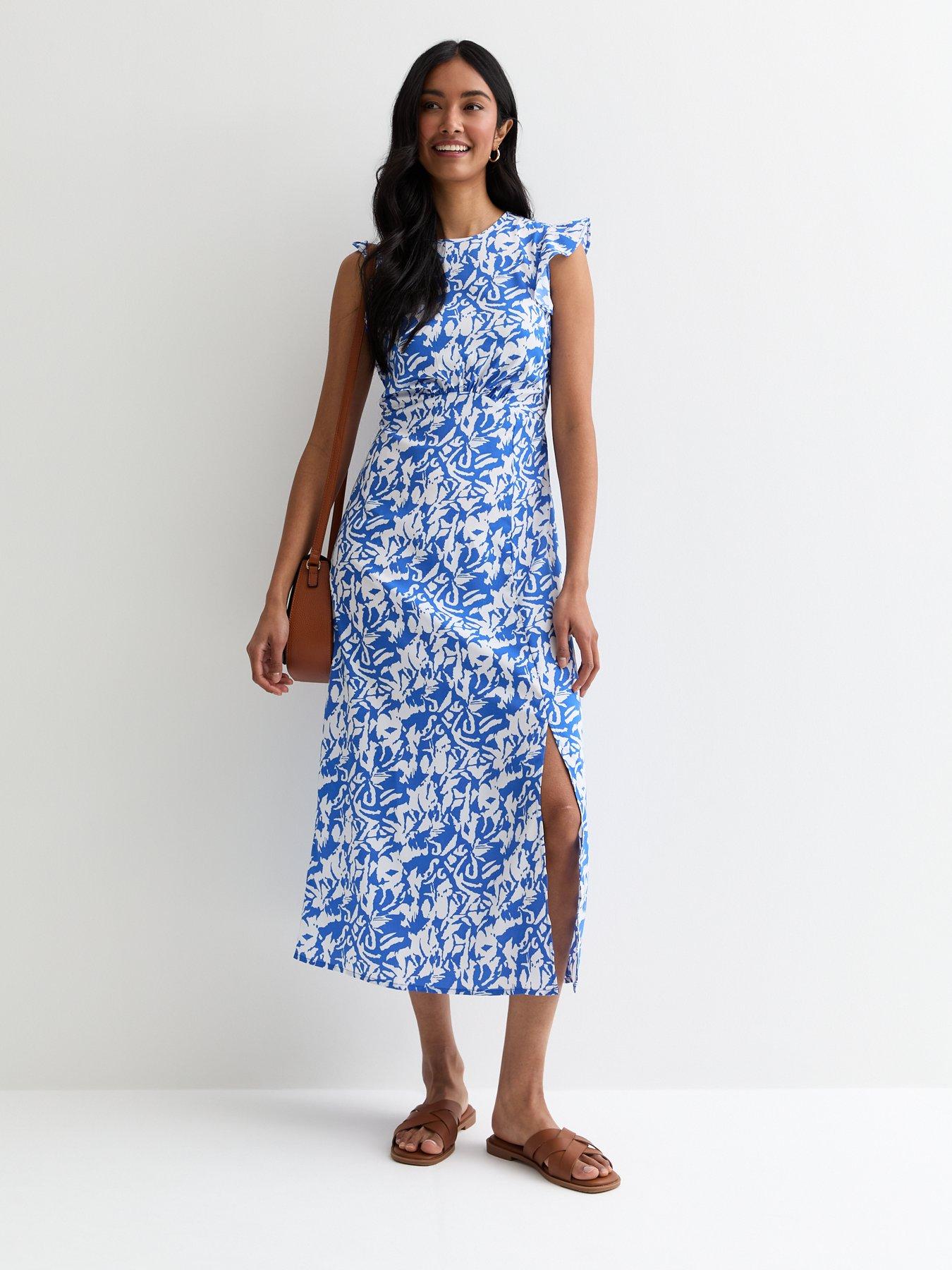 New Look Floral Frill Sleeve Midi Dress - Blue | Very.co.uk