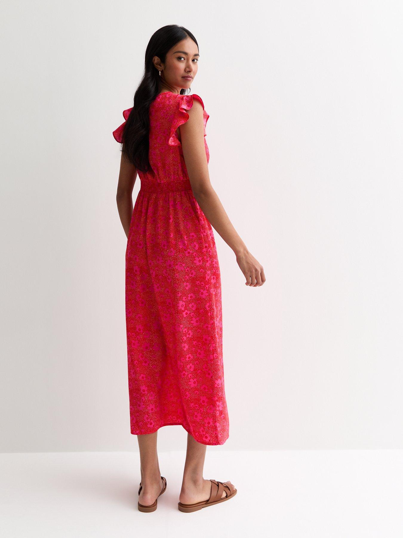New Look Floral Frill-sleeve Midi Dress - Red | Very
