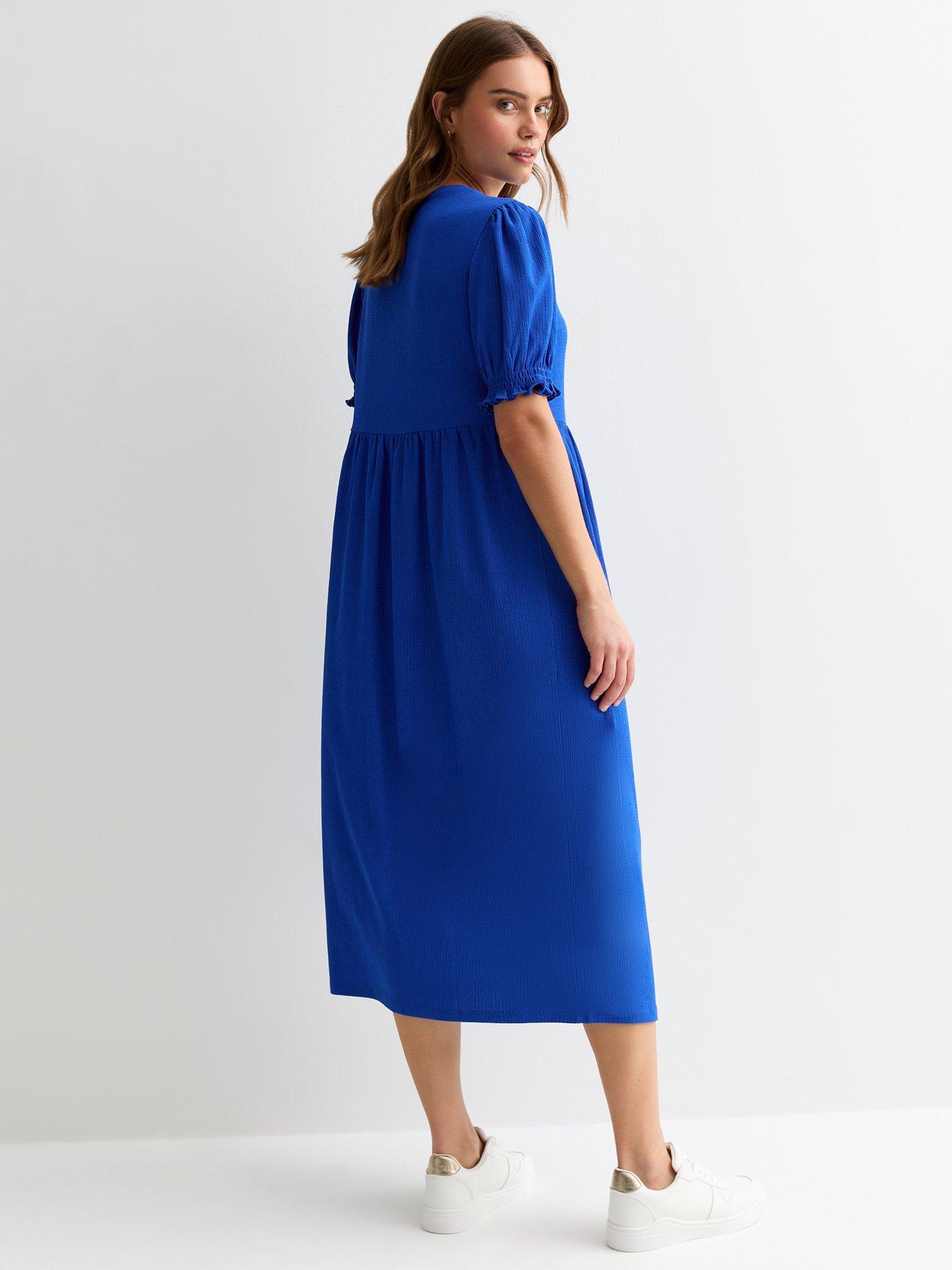 New Look Blue Crinkle Short Sleeve Midi Smock Dress | Very.co.uk