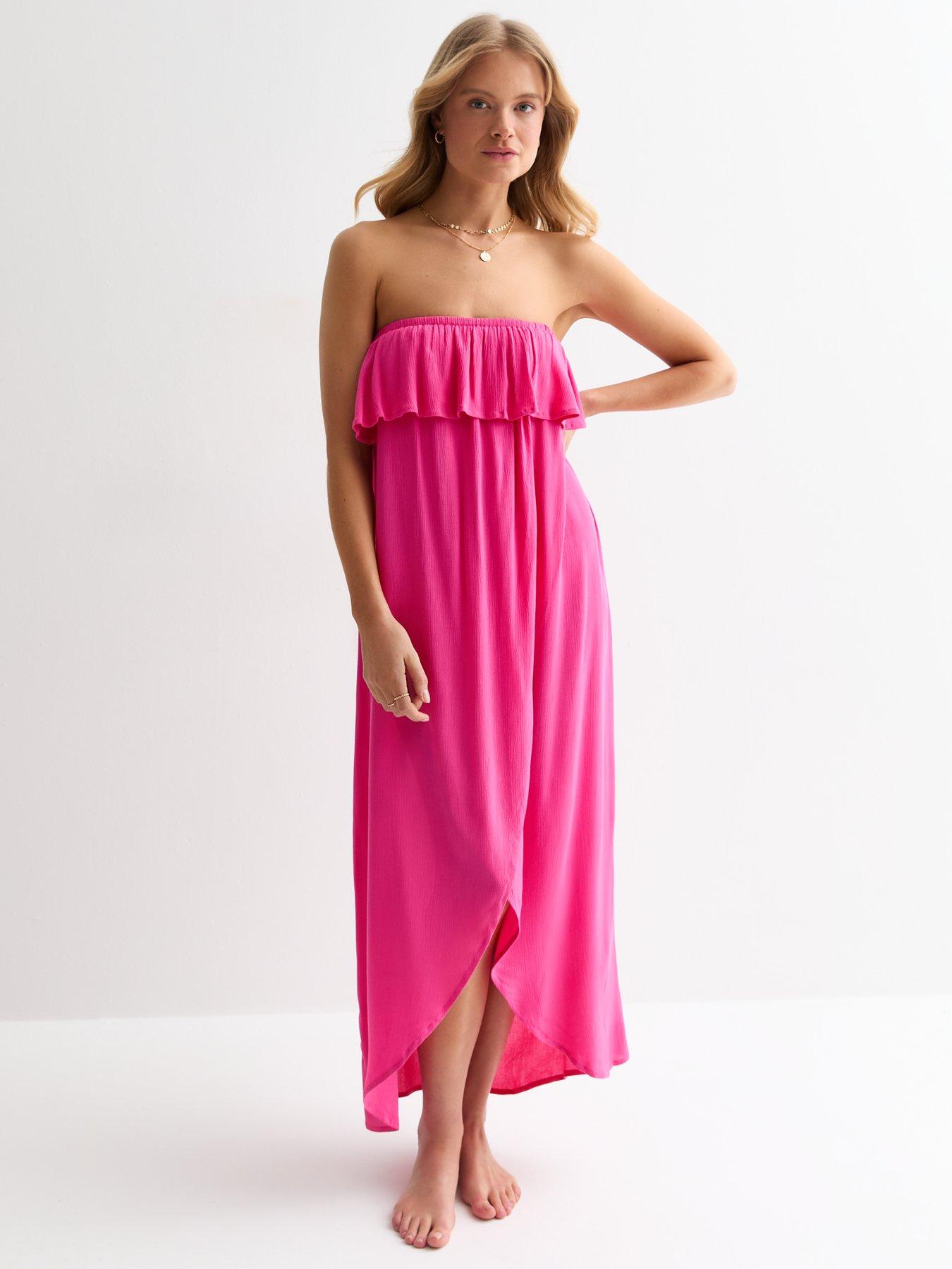 Bright Pink Bandeau Ruffle Maxi Beach Dress