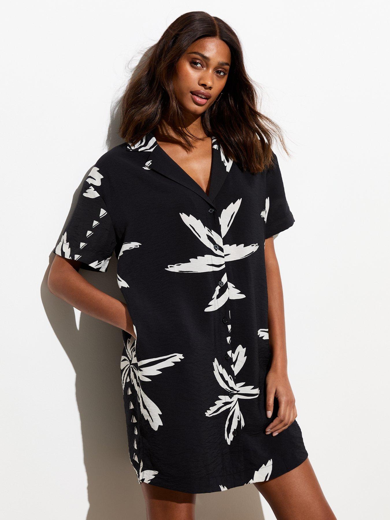 New Look Palm Tree Print Mini Shirt Dress - Black