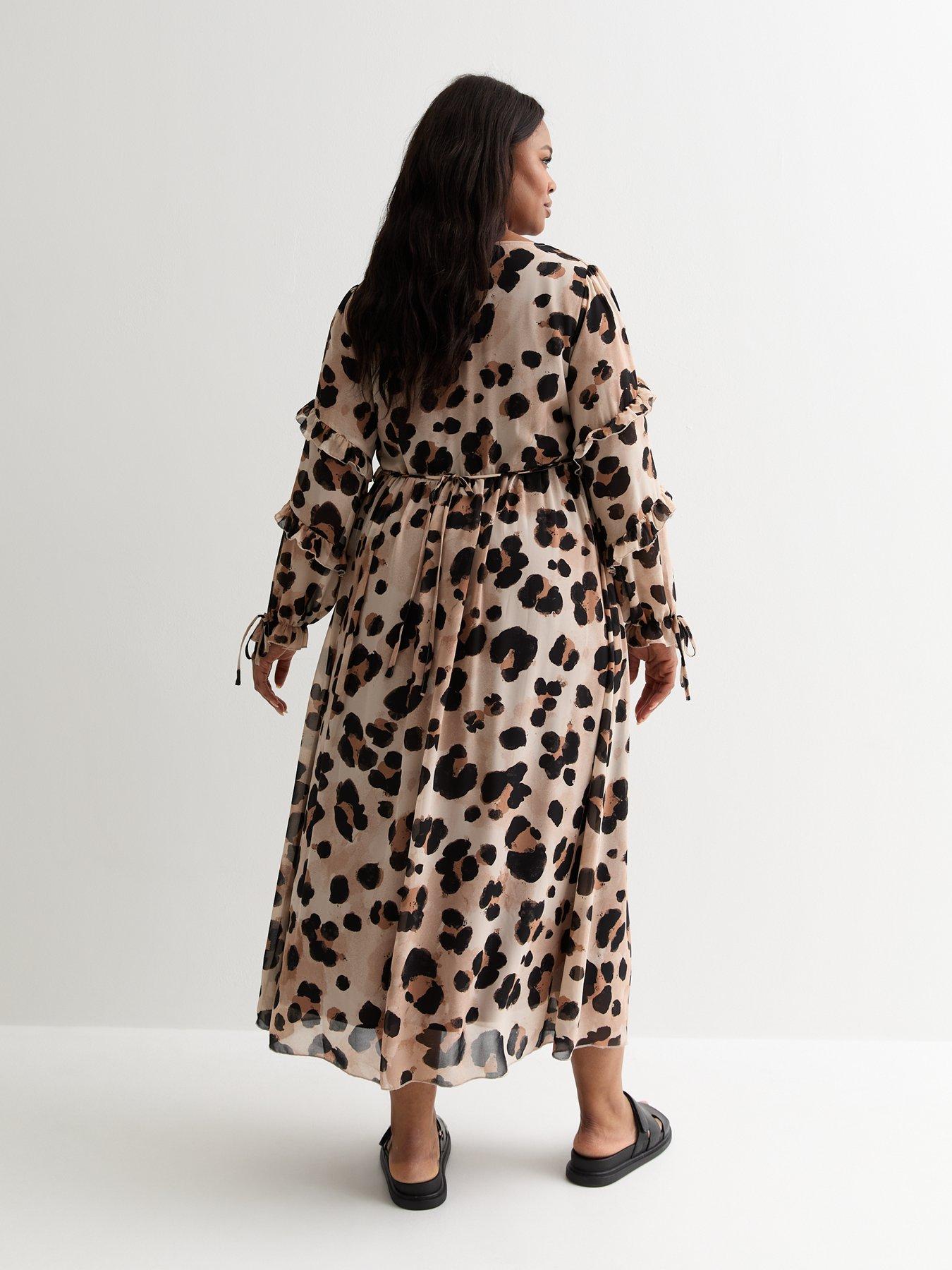 New Look Curves Brown Leopard Print Frill Smock Midi Dress - Print ...