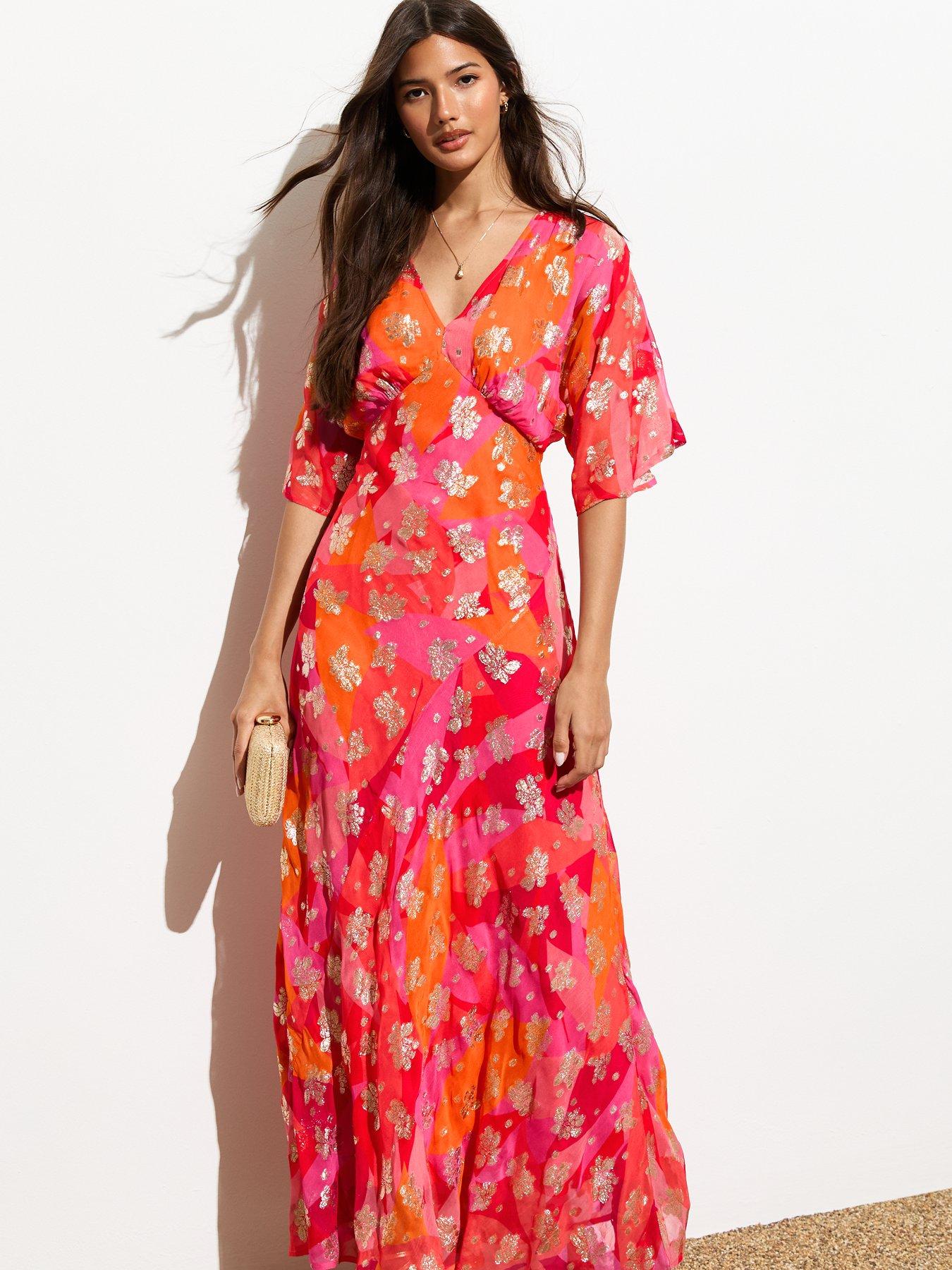 New Look Orange Gold Floral Print Maxi Dress | Very.co.uk