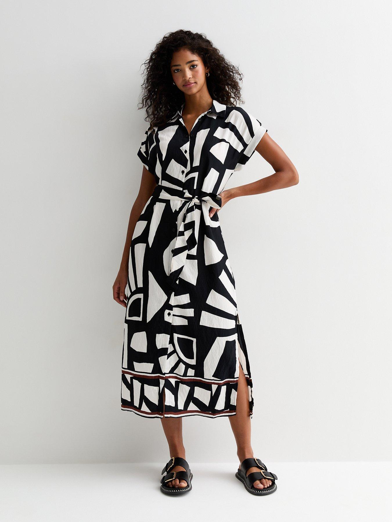 New Look Black Abstract Print Belted Midi Shirt Dress | Very