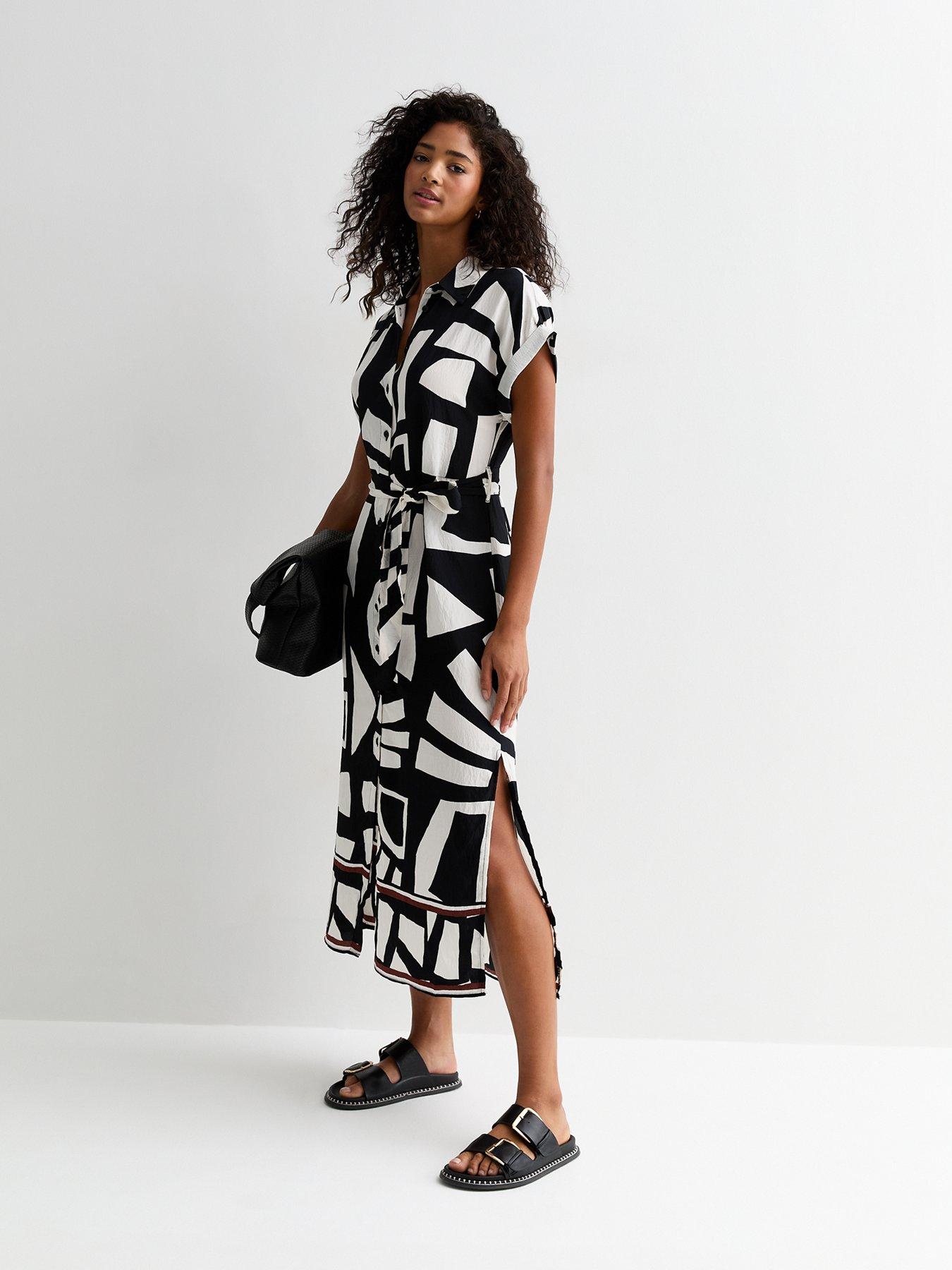 New Look Black Abstract Print Belted Midi Shirt Dress | Very