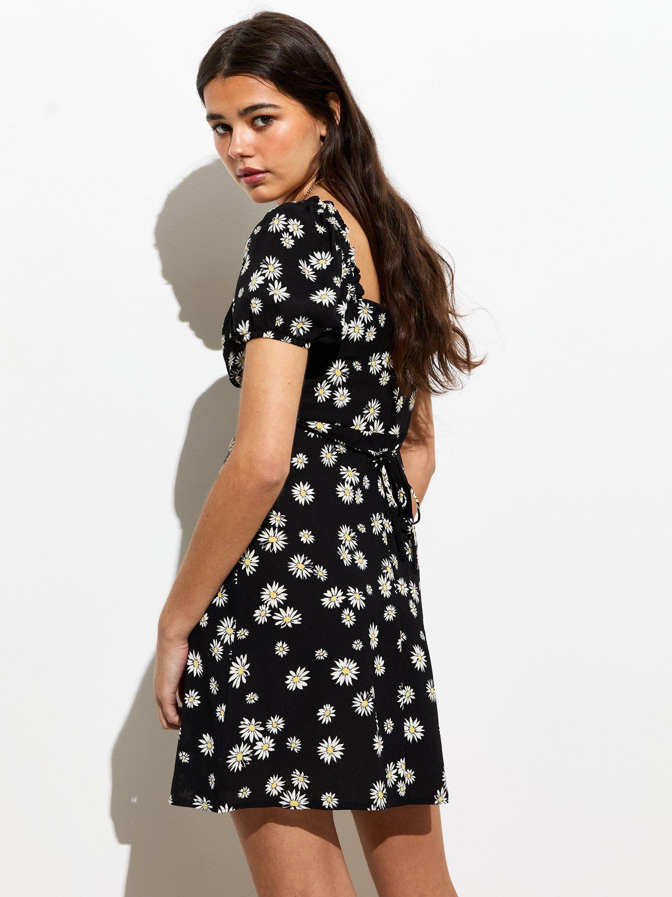 Black Daisy Print Tie Front Milkmaid Mini Dress