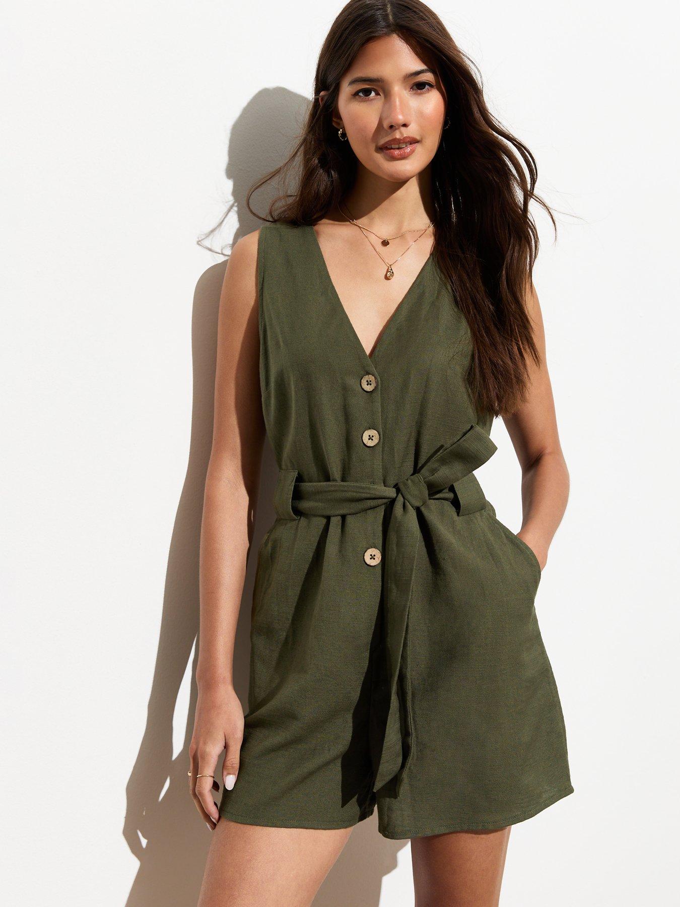 New Look Dark Khaki V Neck Belted Cotton Playsuit Very