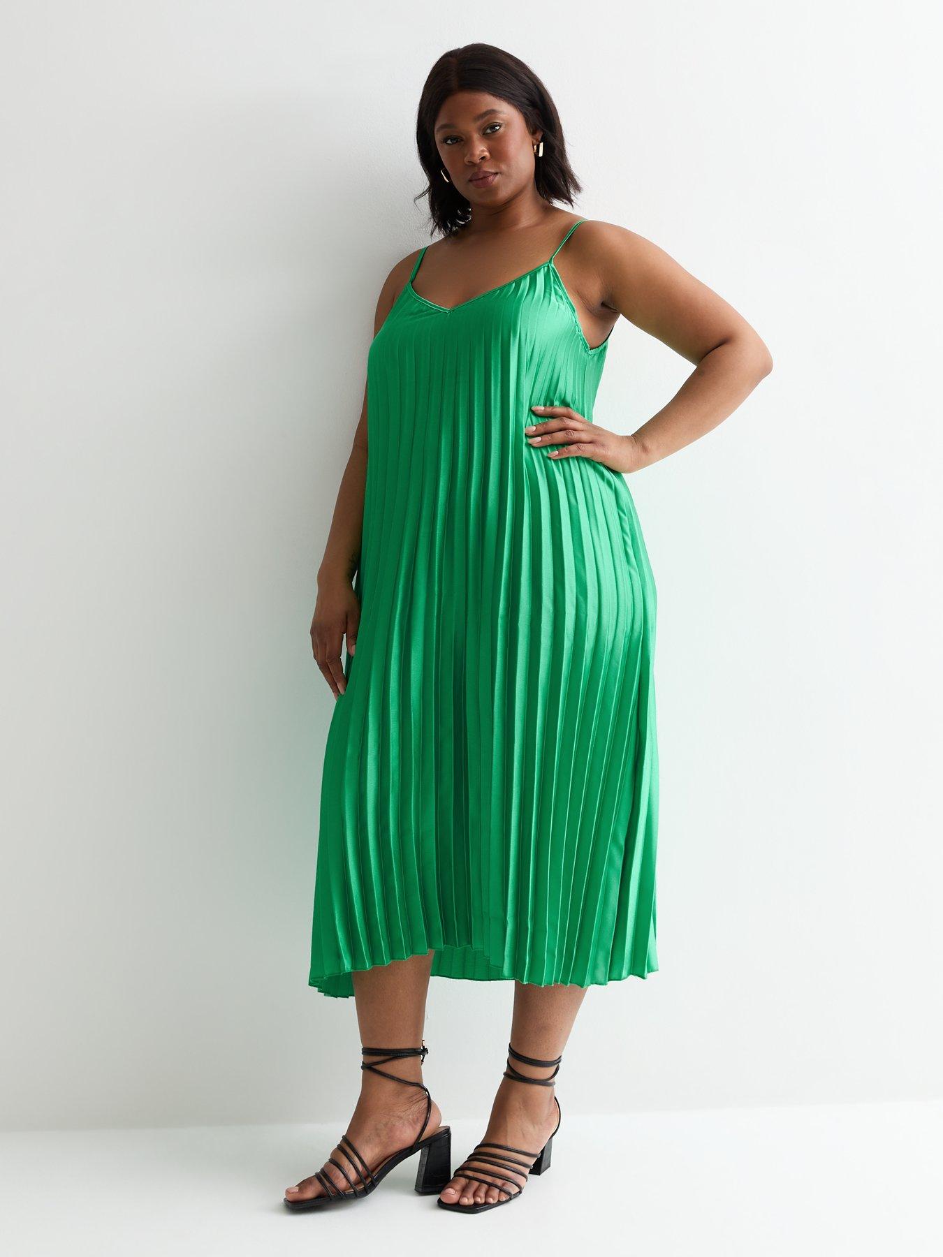 New Look Curves Green Satin Pleated Strappy Midi Dress Very