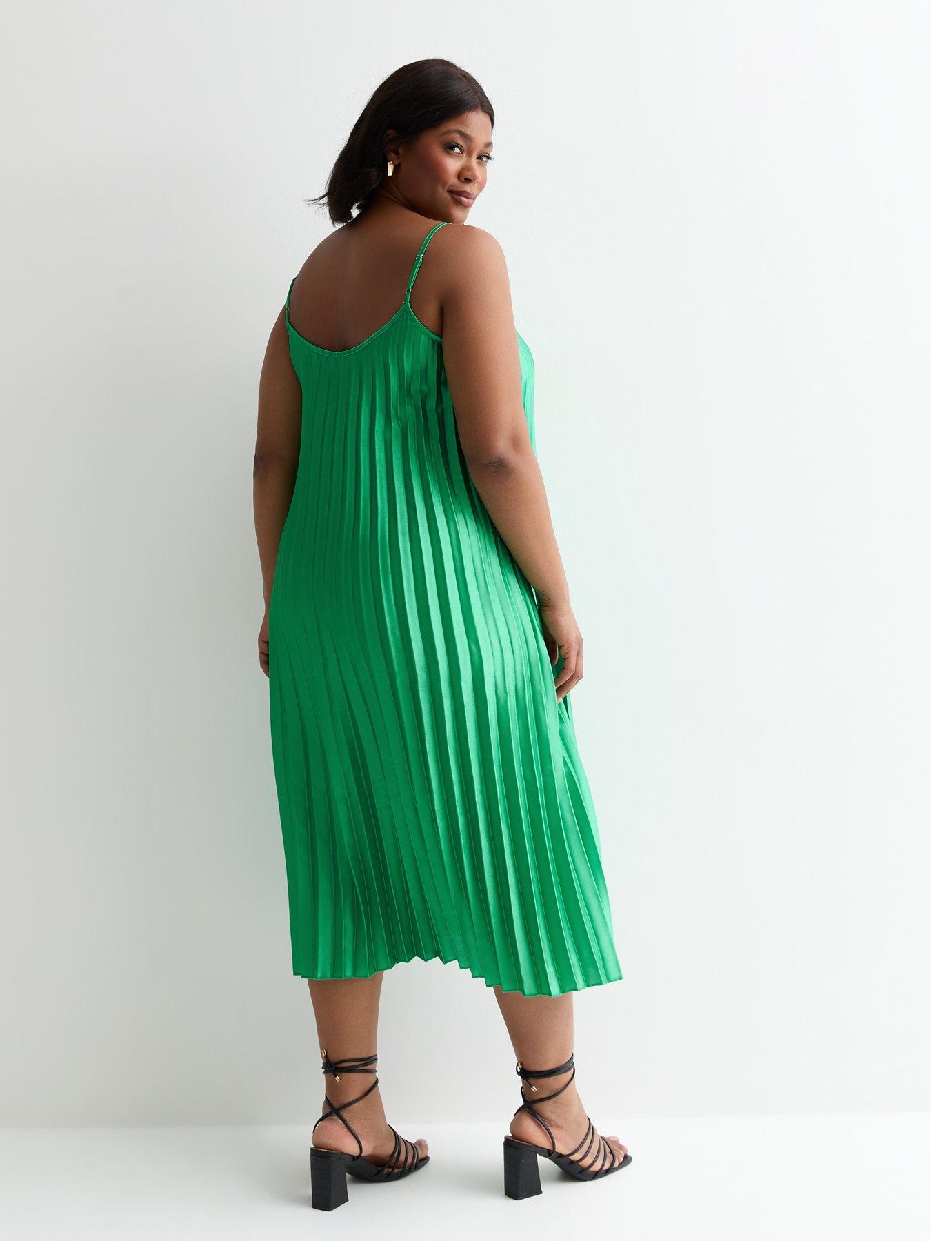 New Look Curves Green Satin Pleated Strappy Midi Dress Very