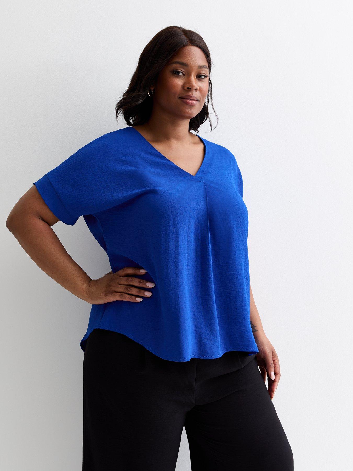 New Look Curves Blue Notched Short Sleeve Top | Very.co.uk