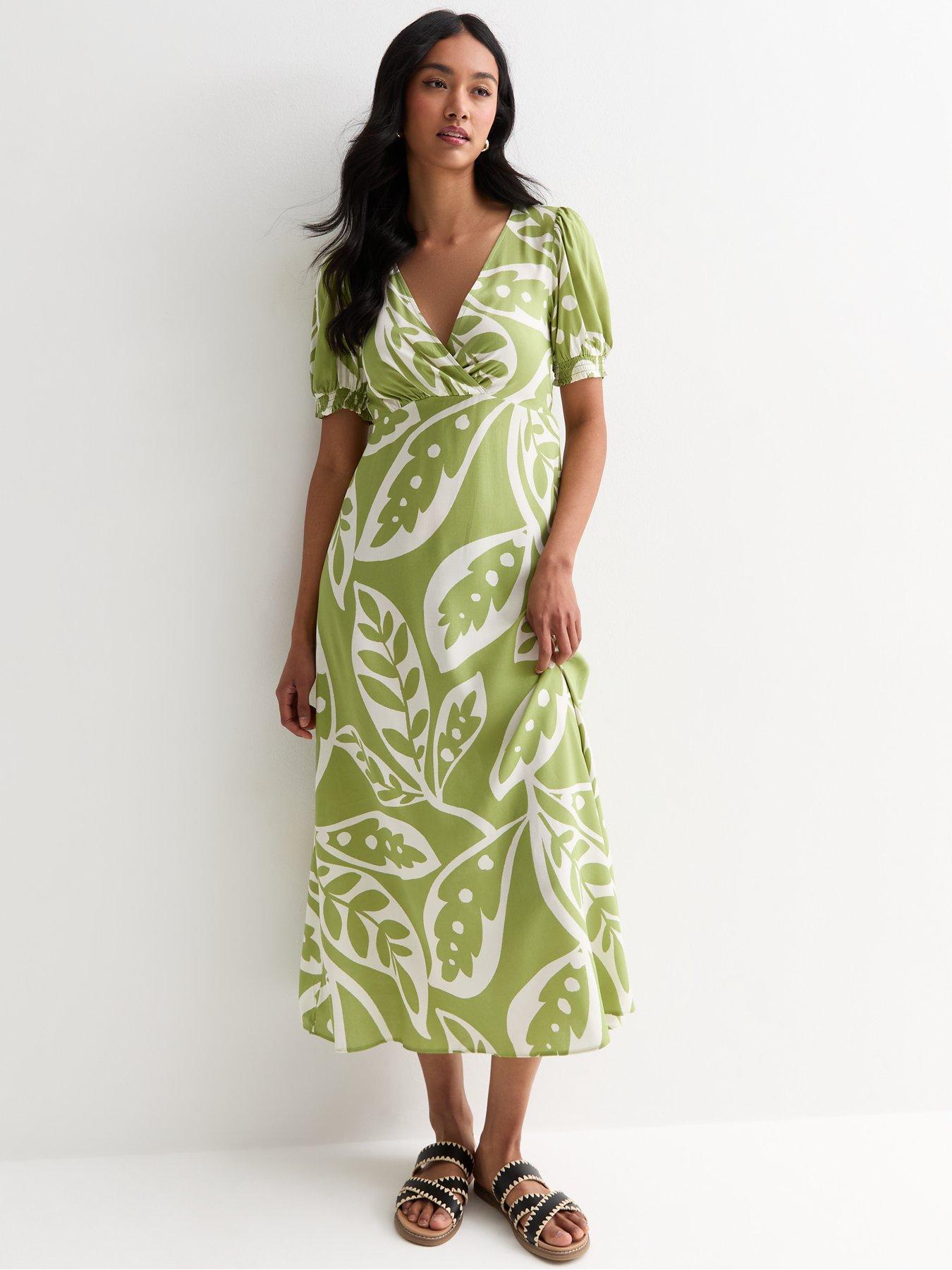 New Look Green Leaf Print Puff Sleeve Midi Dress Very