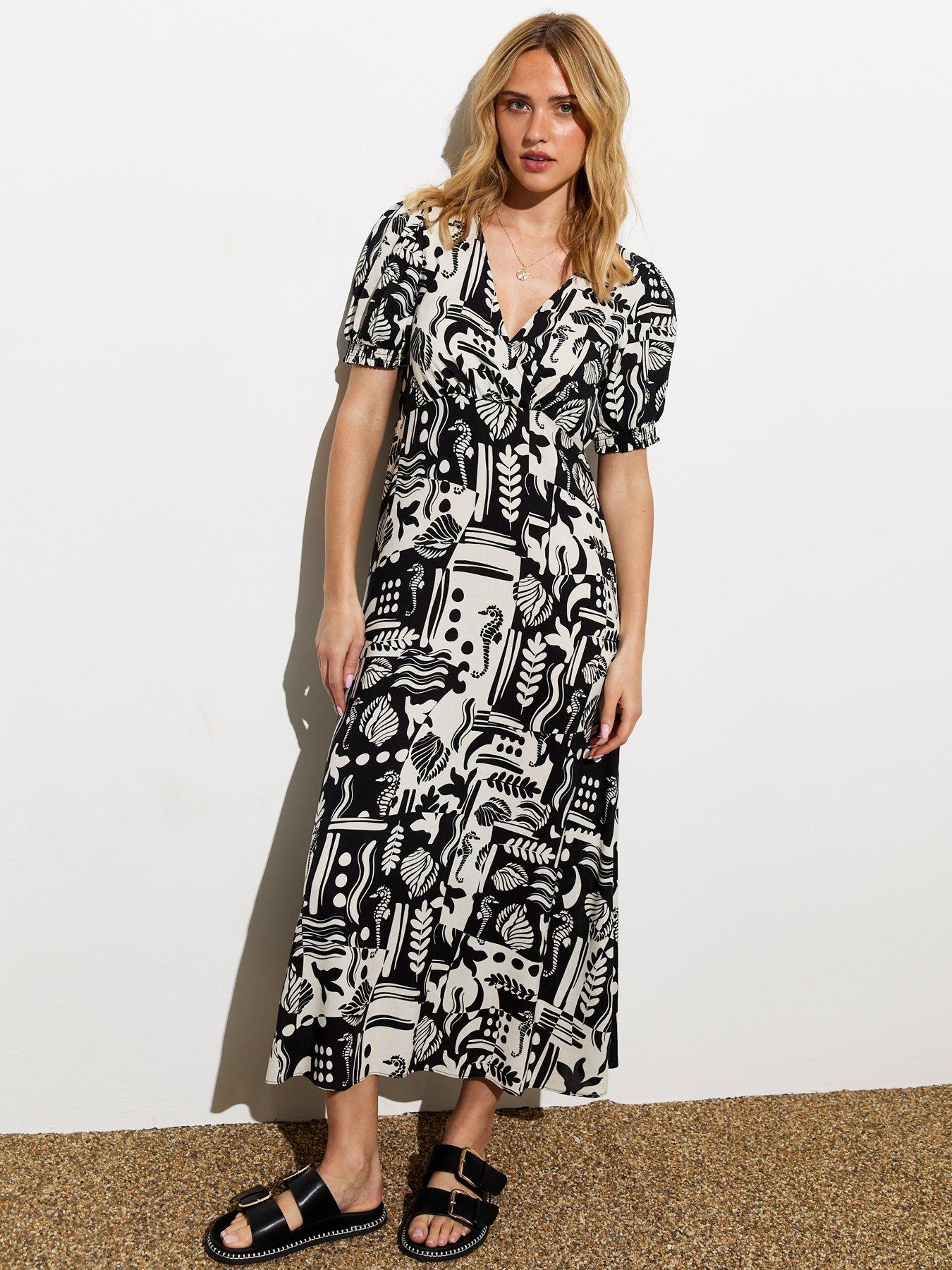 Abstract Print Midi Dress White Black