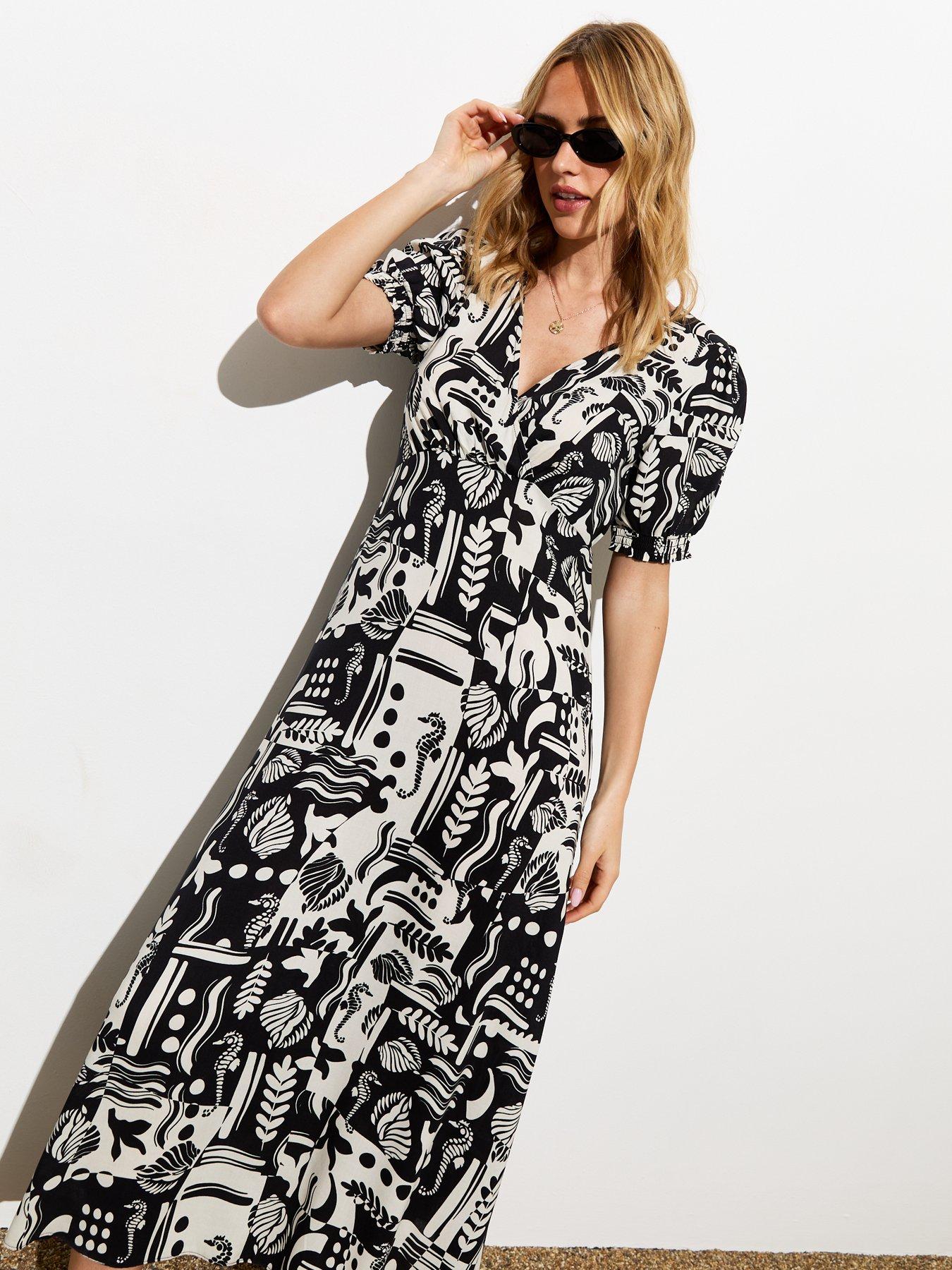 White And Black Abstract Print Midi Dress