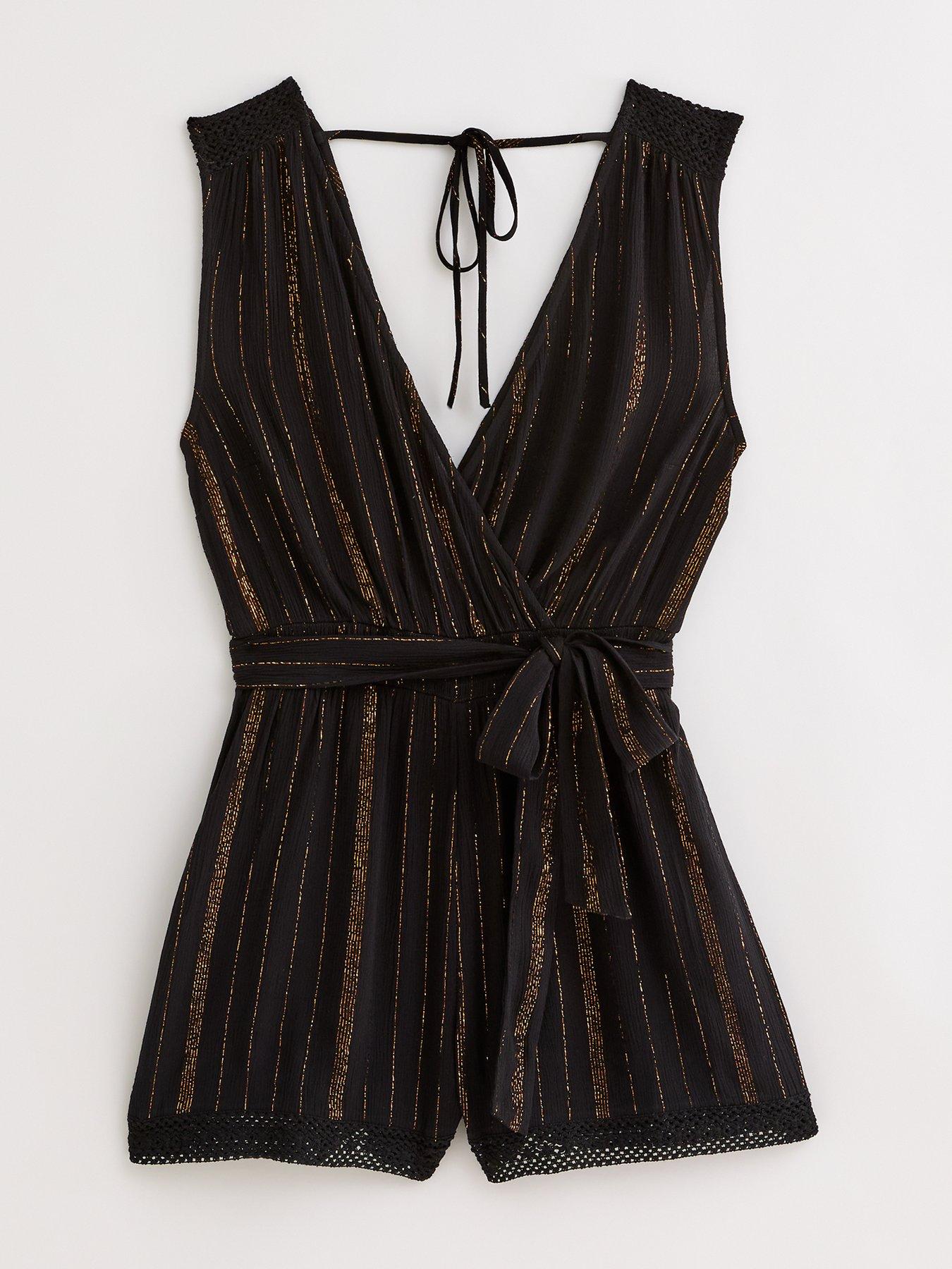 Black Playsuit With Neon Metallic Sleeve Detail And Belt