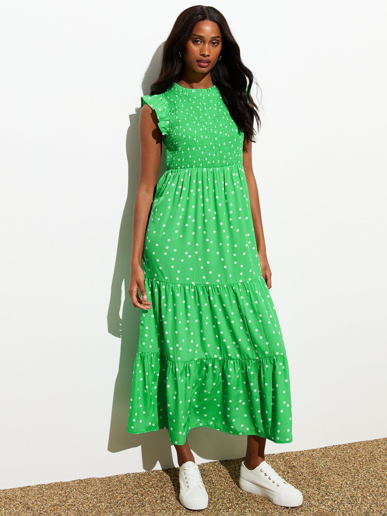 New Look Green Shirred Polka Dot Ruffled Midi Dress | Very.co.uk