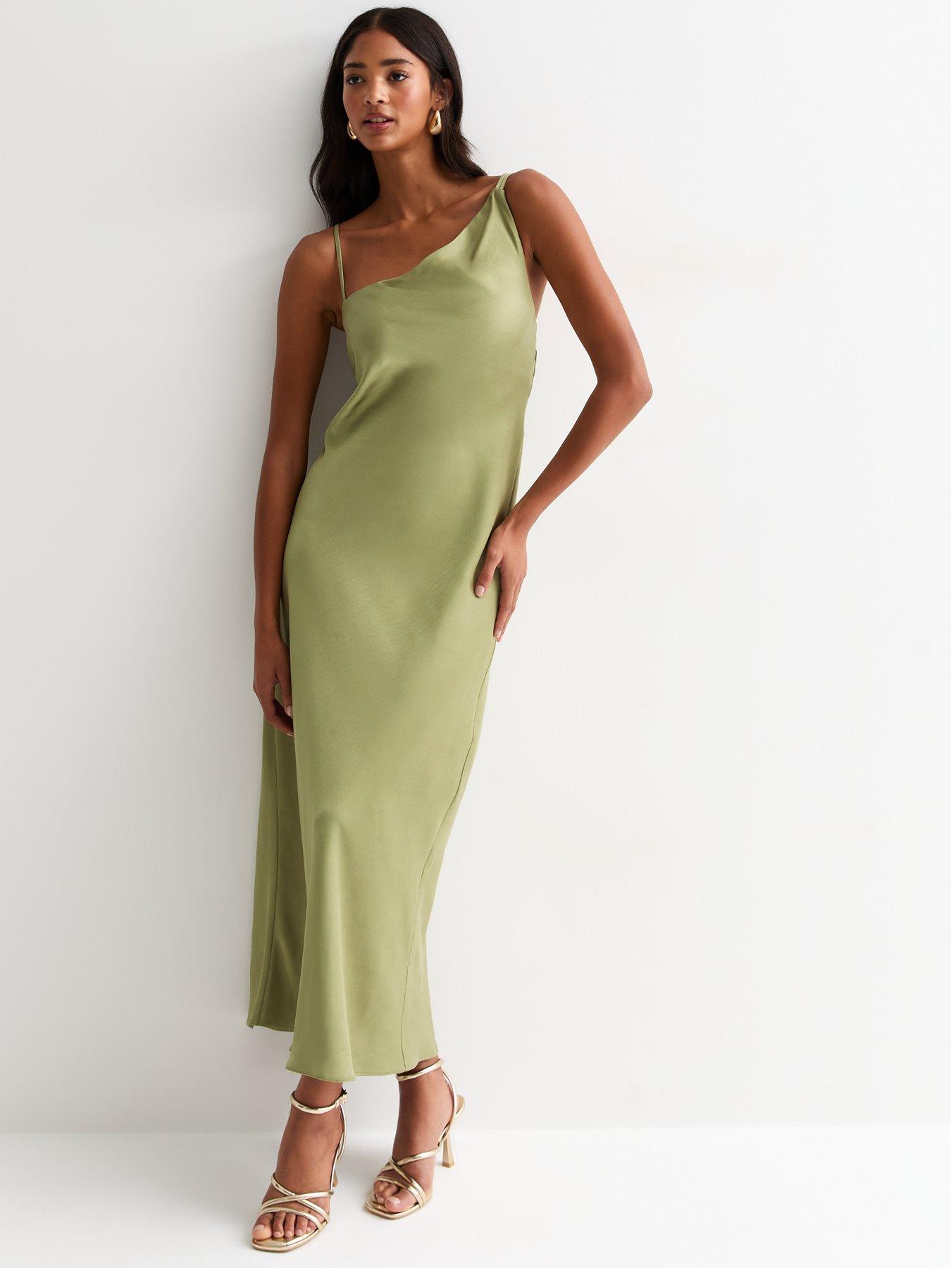 Light Green One Shoulder Satin Maxi Slip Dress