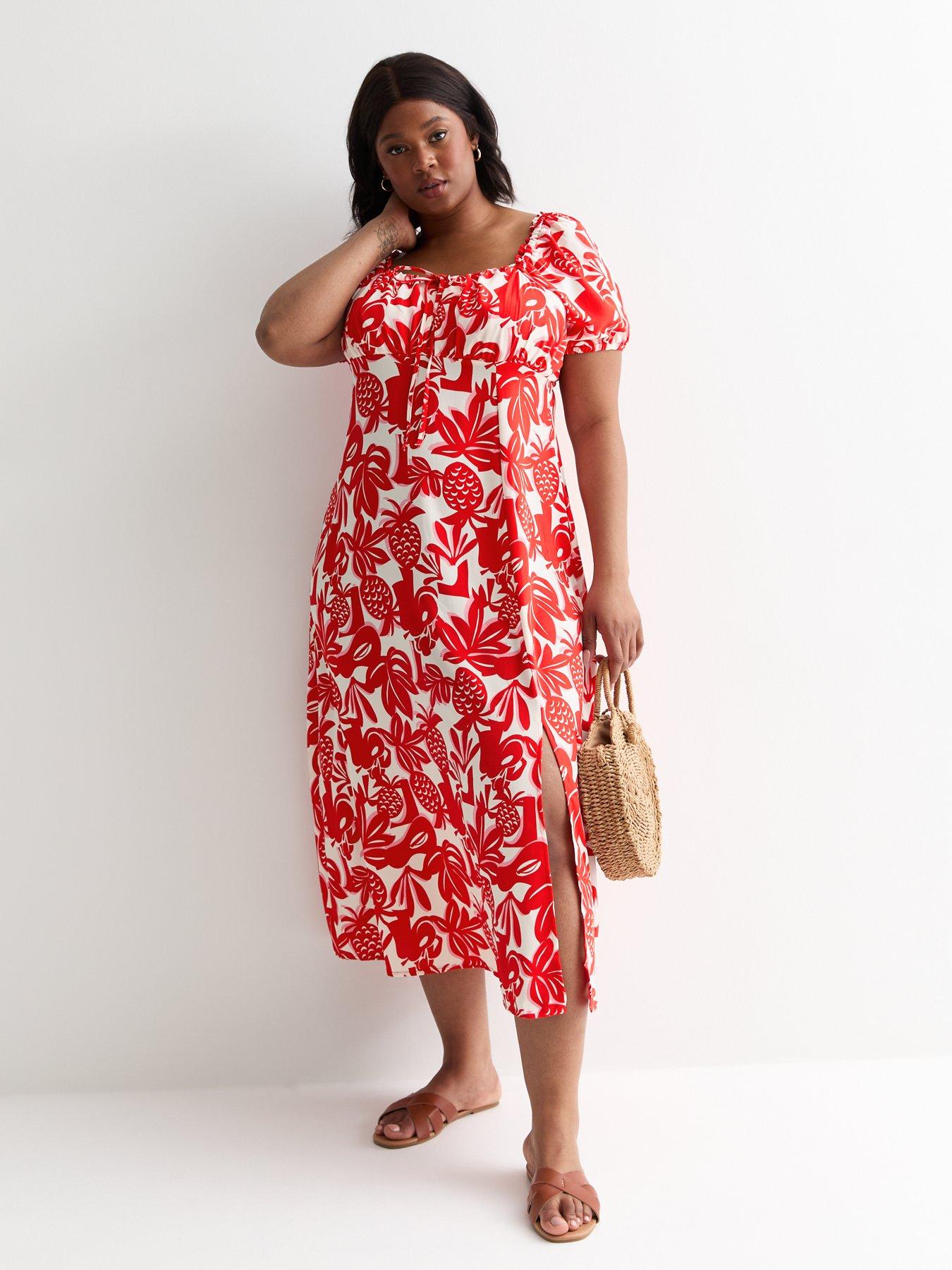 New Look Curve Pineapple Print Midi Milkmaid Dress Red White Very