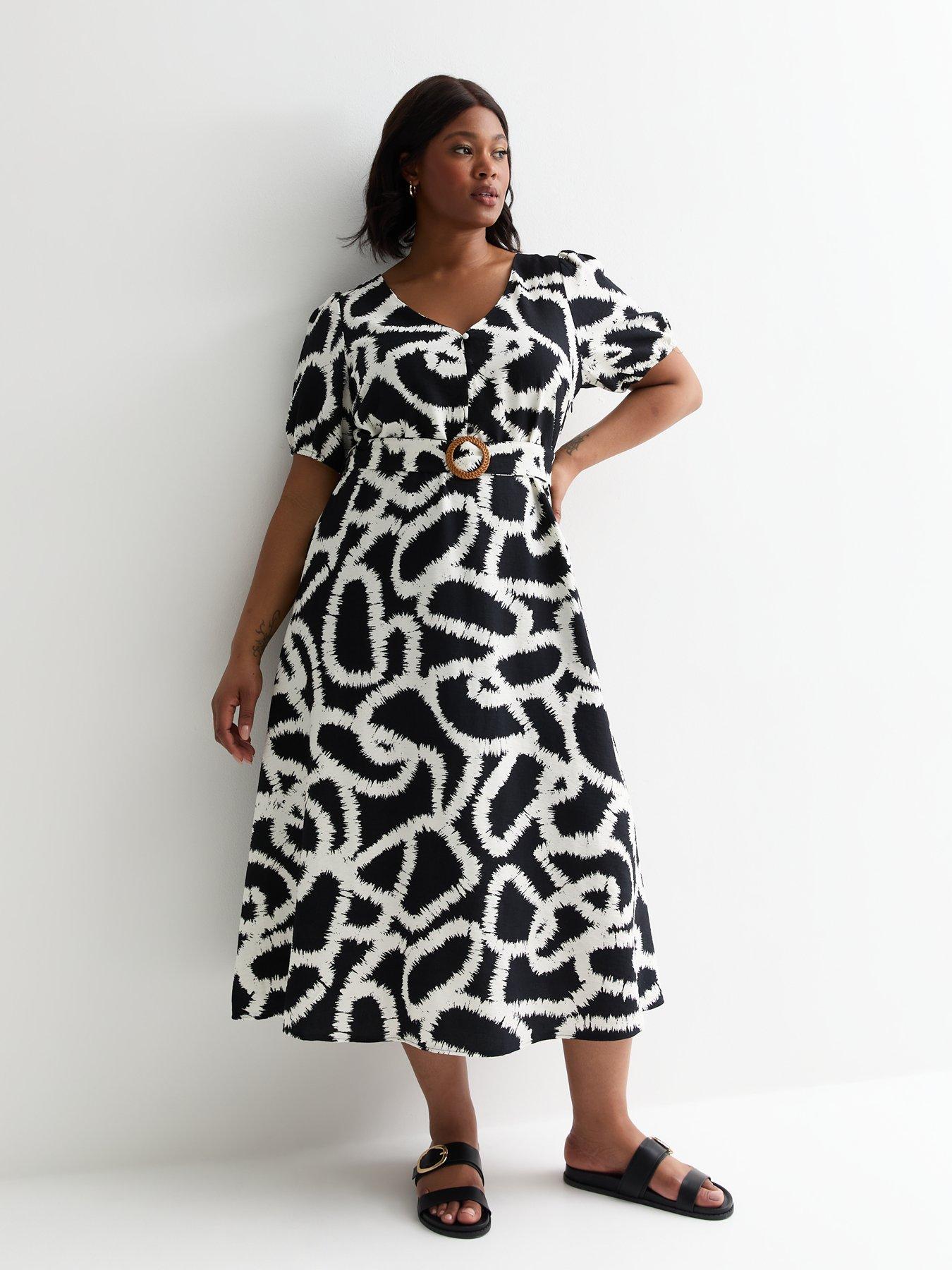 New Look Curves Black Abstract Print Belted Midi Dress - Black