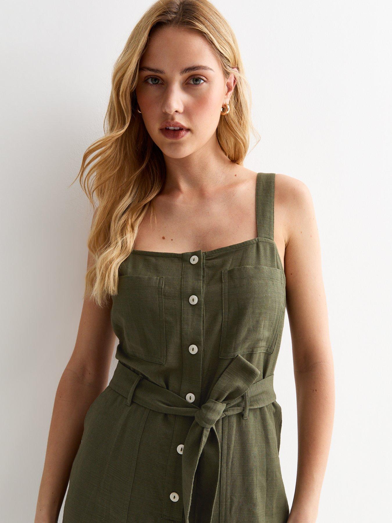 New Look SquareNeck Cotton Jumpsuit Khaki Very.co.uk
