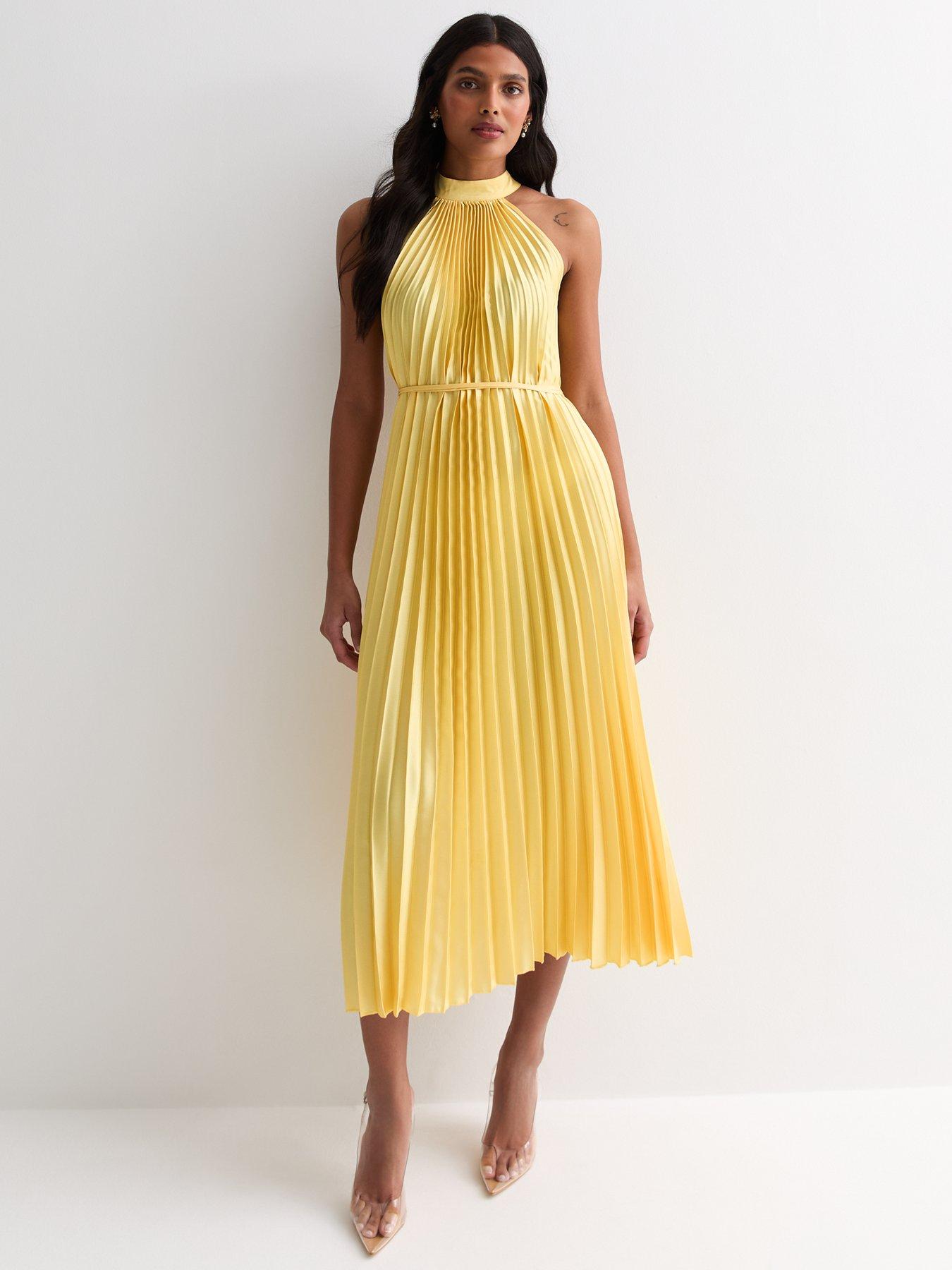 New Look Pale Yellow Pleated Satin Halter Midi Dress Very