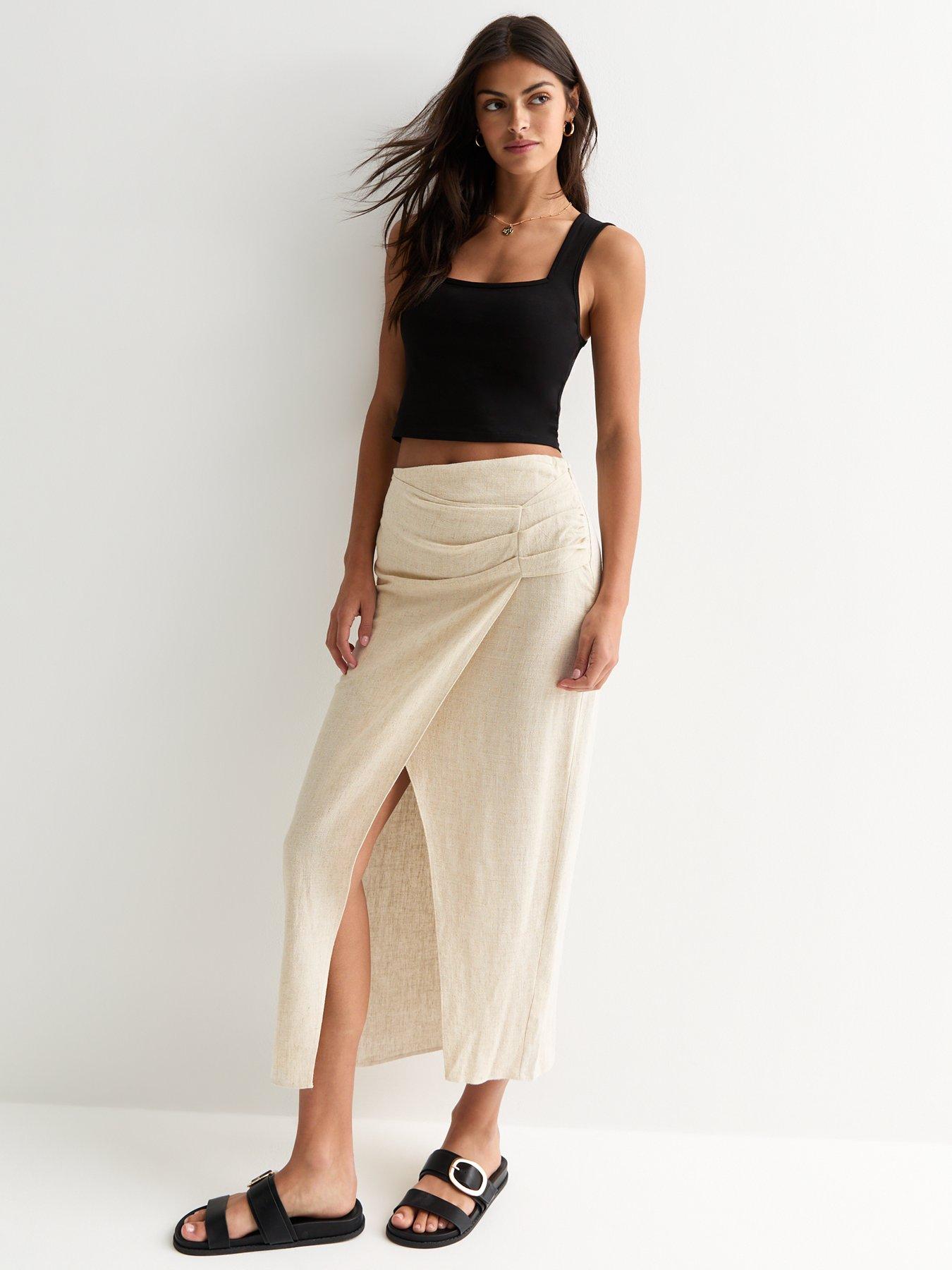 New Look Stone Linen look Wrap Midi Skirt Very