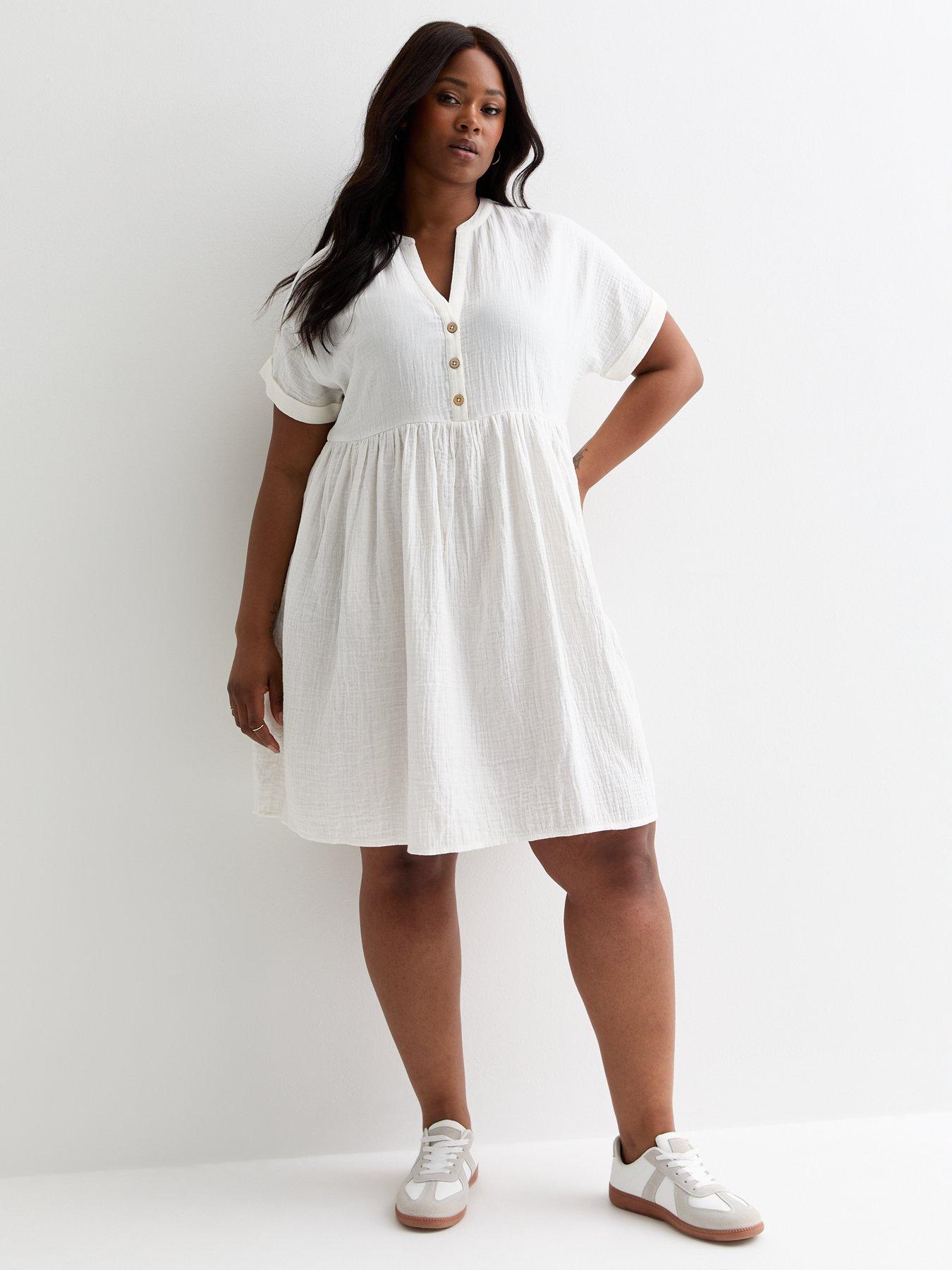 New Look Curves White Cotton Button through Mini Smock Dress Very