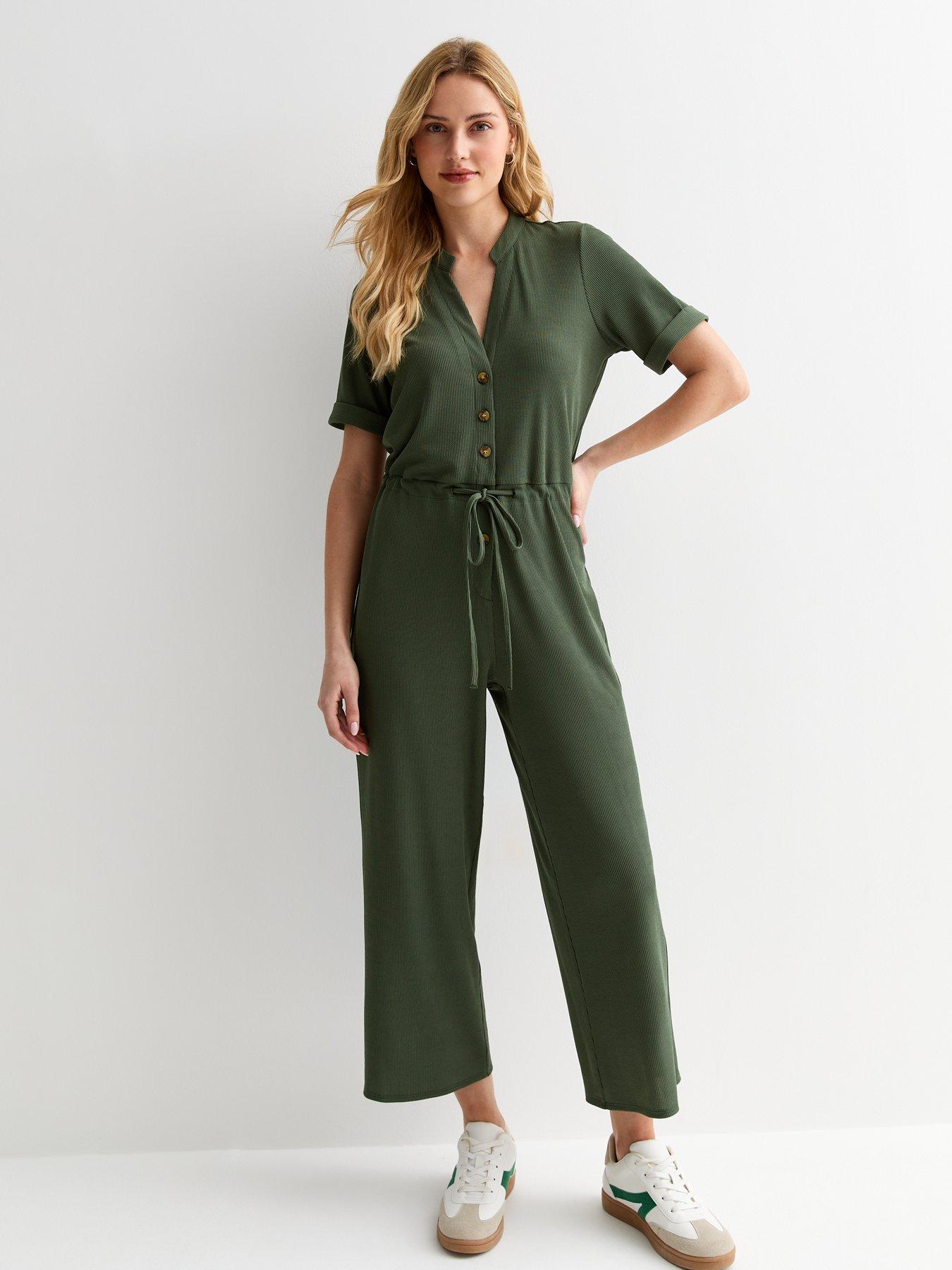 New Look Ribbed Drawstring Waist Jumpsuit Khaki Very