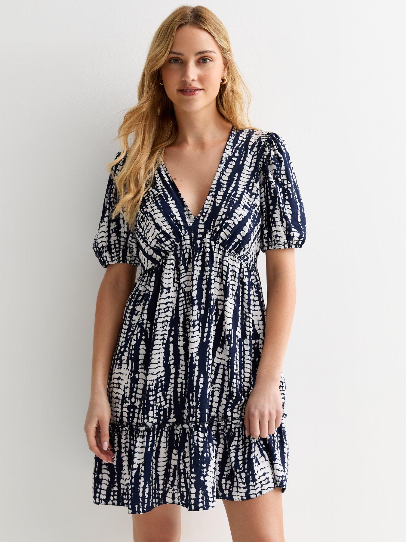 New Look Blue Tie Dye Print Frill Smock Mini Dress Very