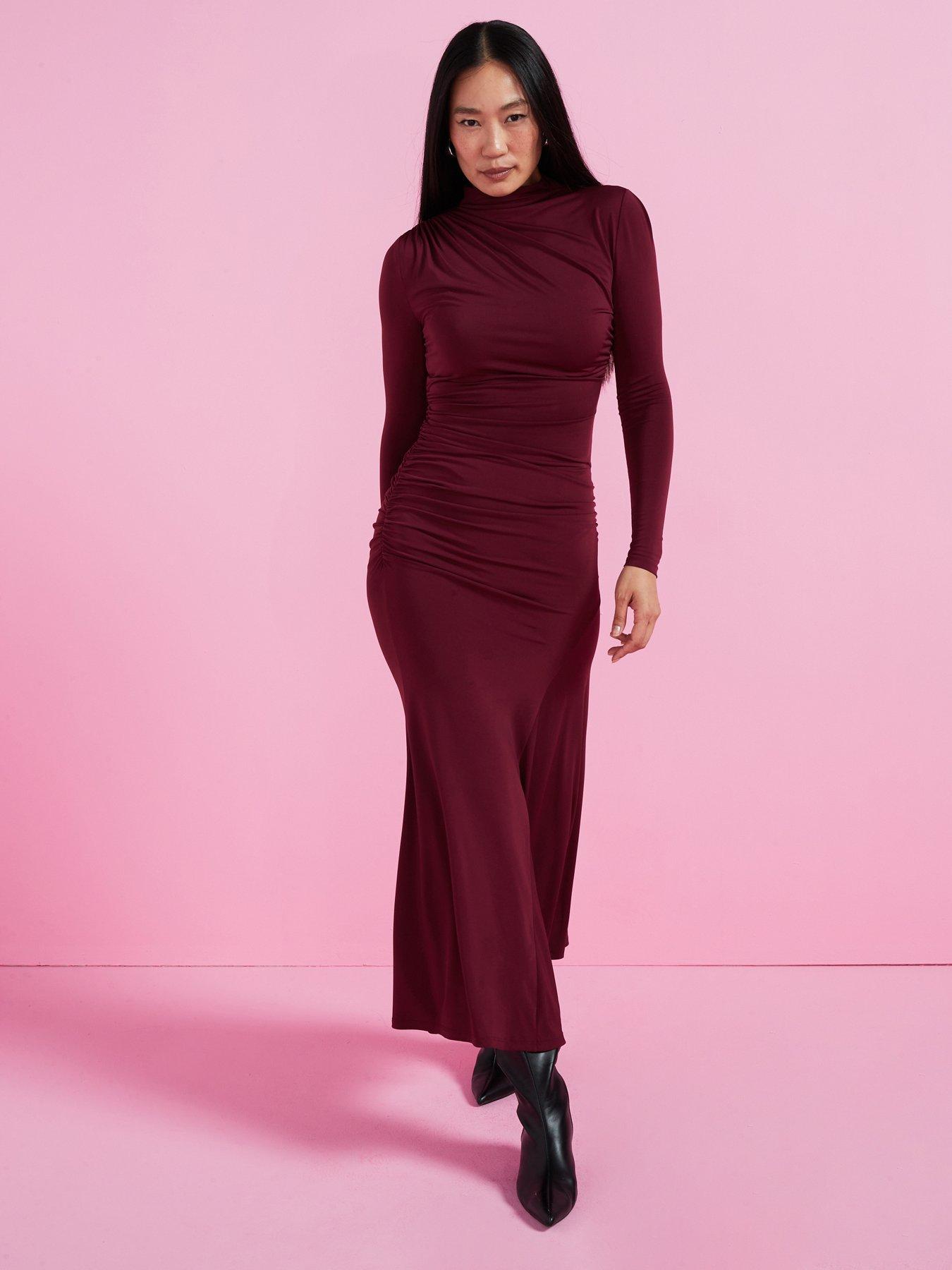 undefined High Neck Draped Jersey Midaxi Dress - Burgundy
