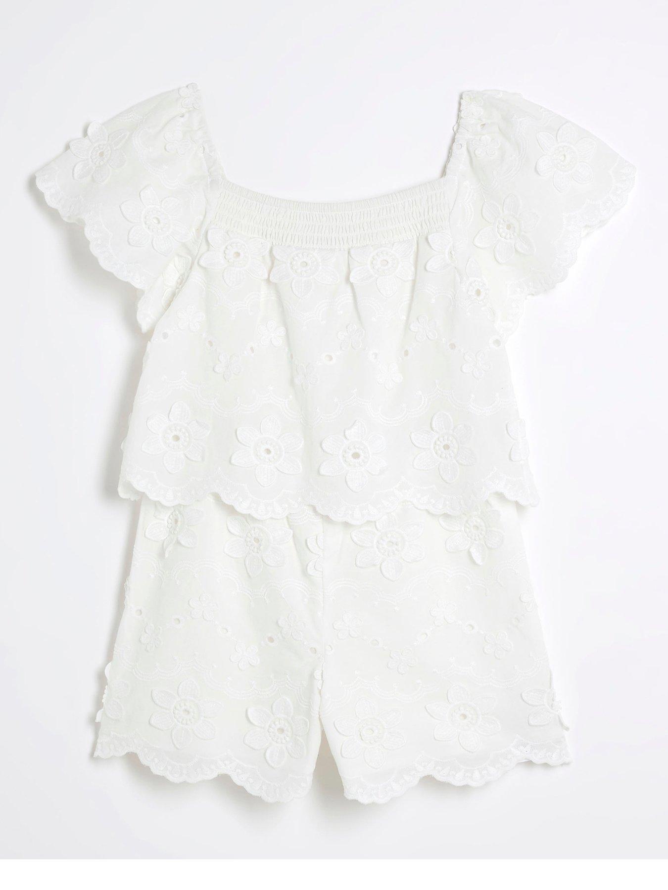 Girls Broderie Flower Playsuit White