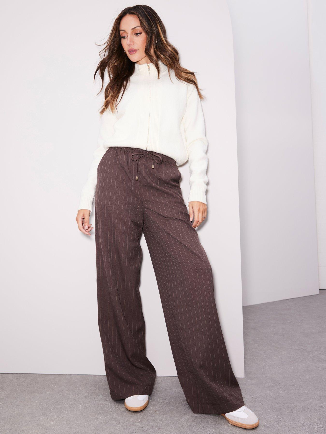 undefined Wide Leg Pinstriped Trousers - Brown