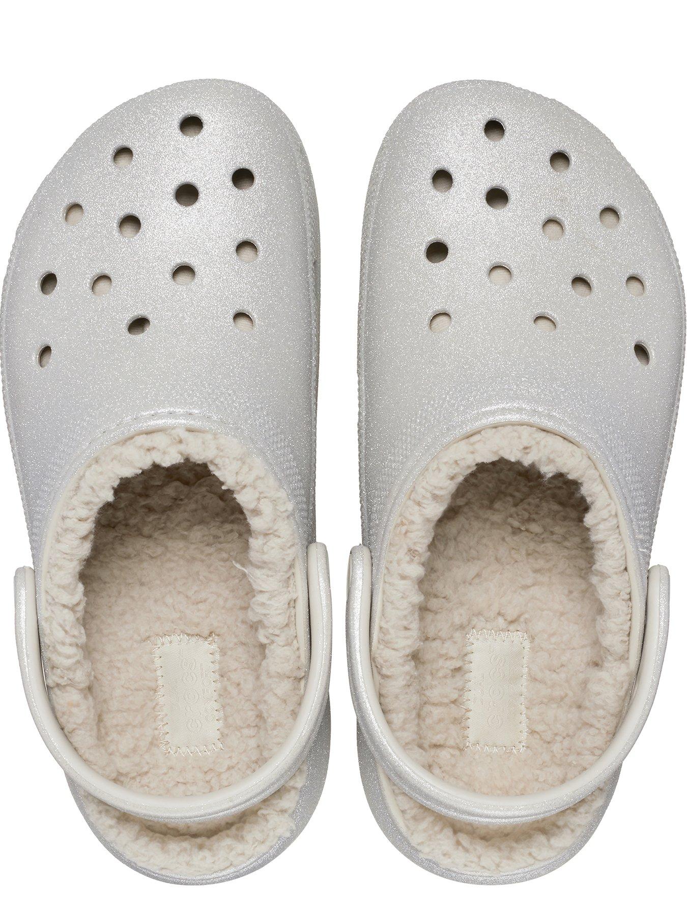 White crocs with grey fur sales