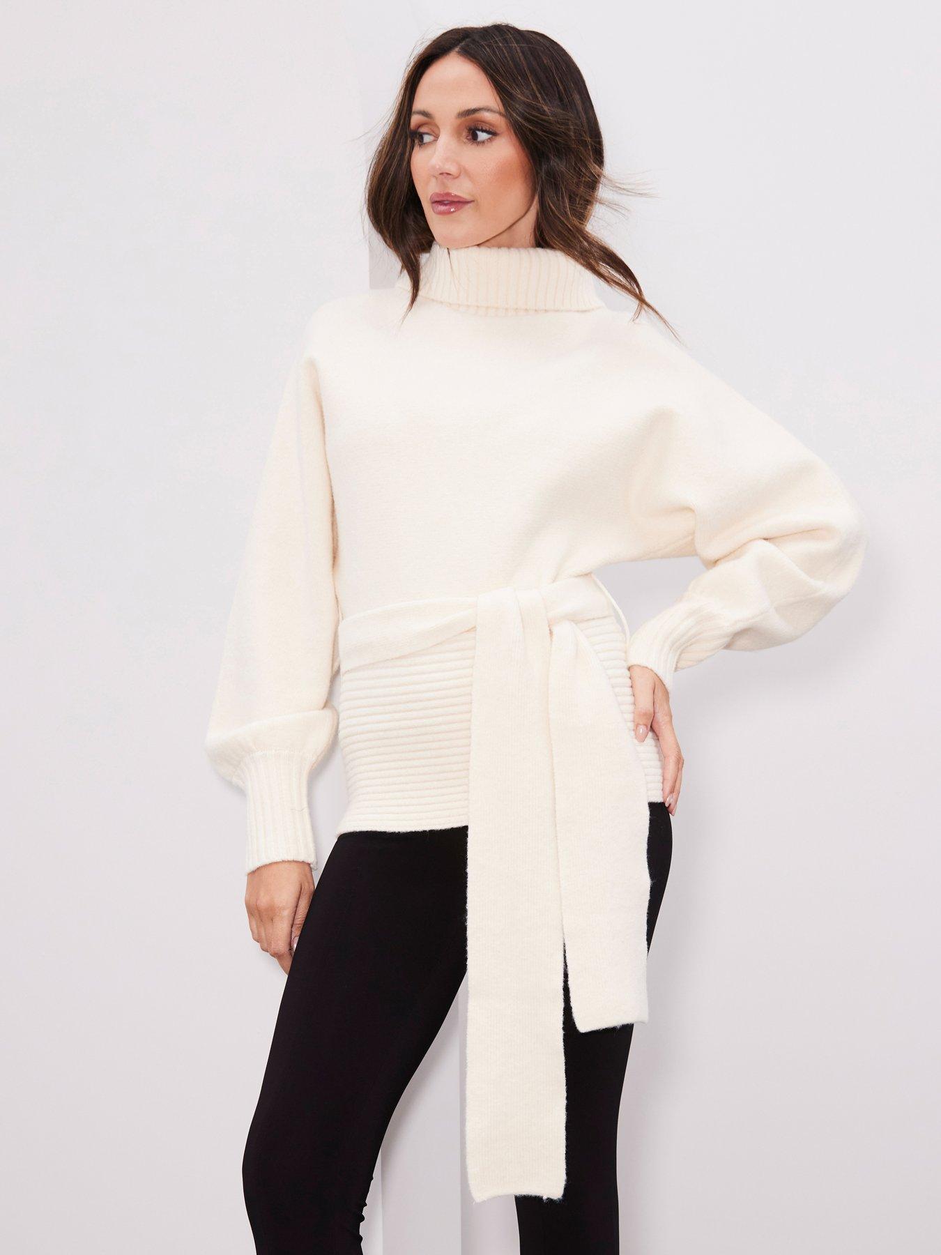 undefined Premium Wool Blend Knitted Belted Jumper - Cream